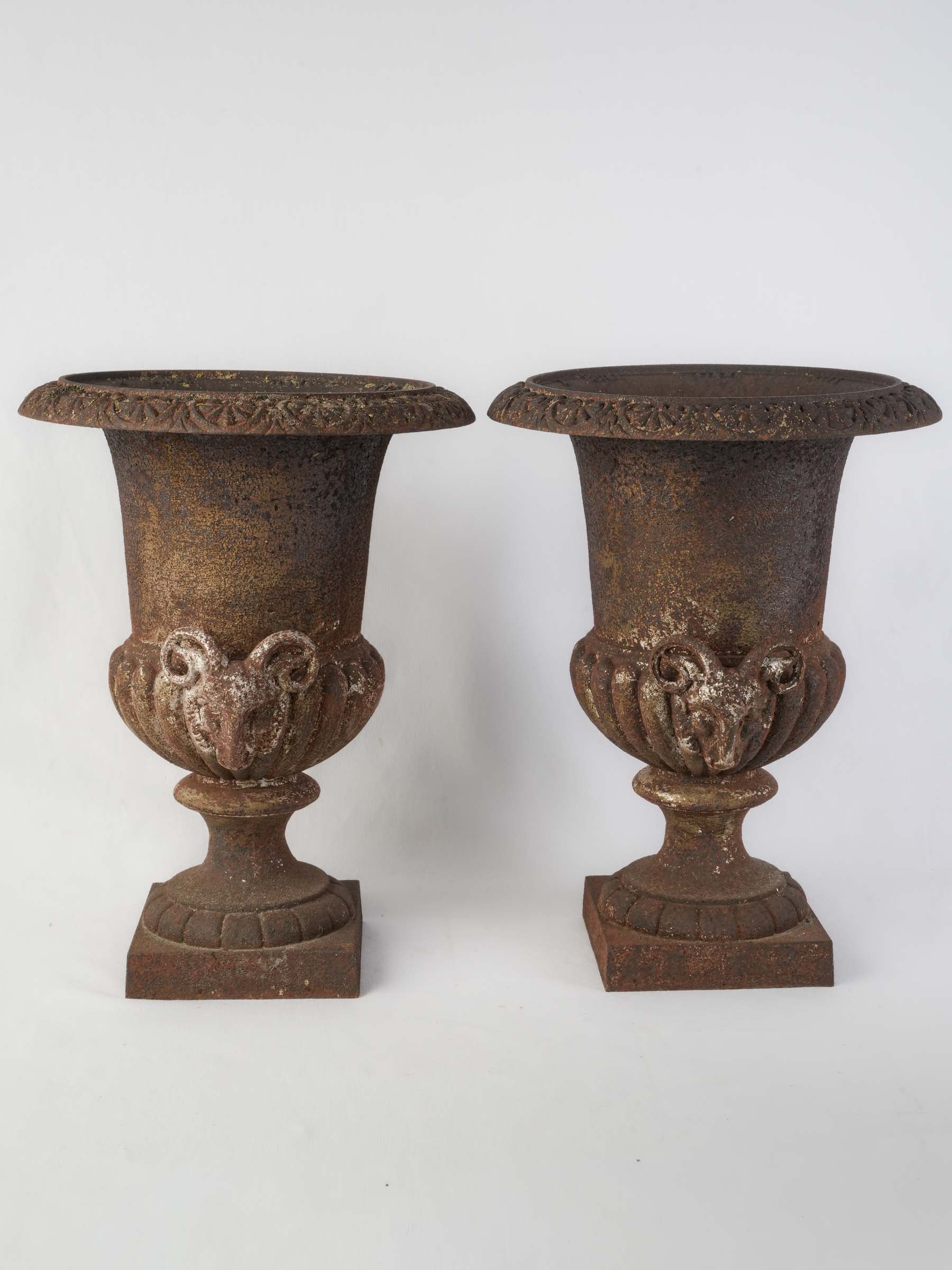 Sculptural ram's head handle urns  