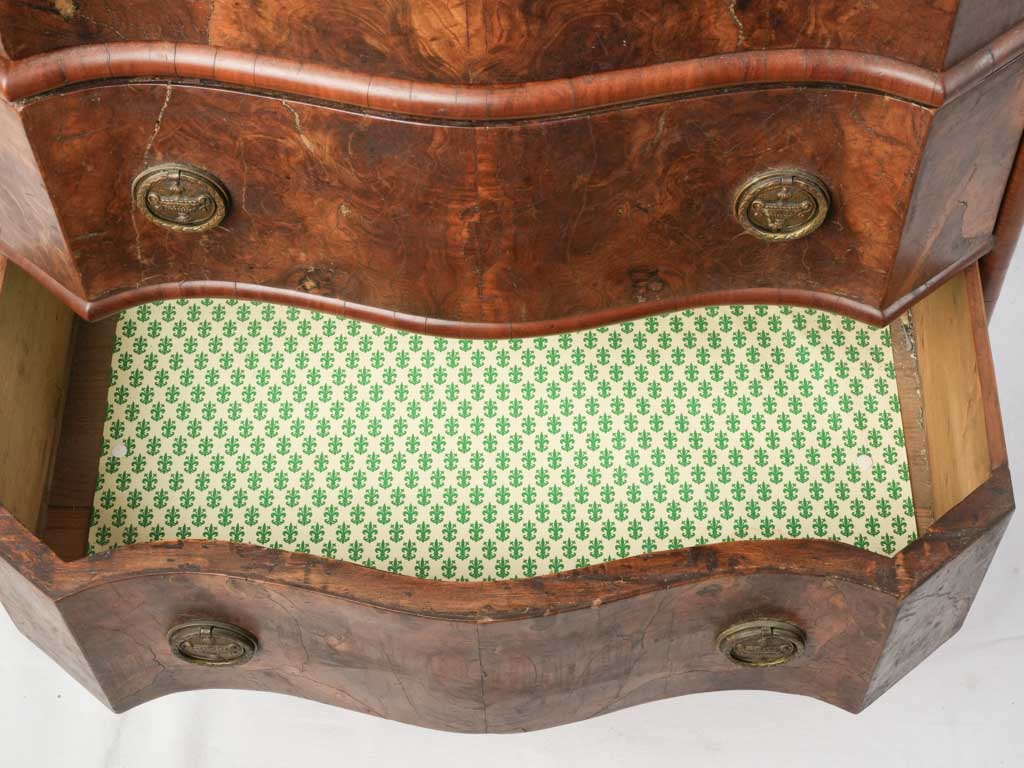 Charming Petite Antique Italian Serpentine Walnut Burl Commode - 32"