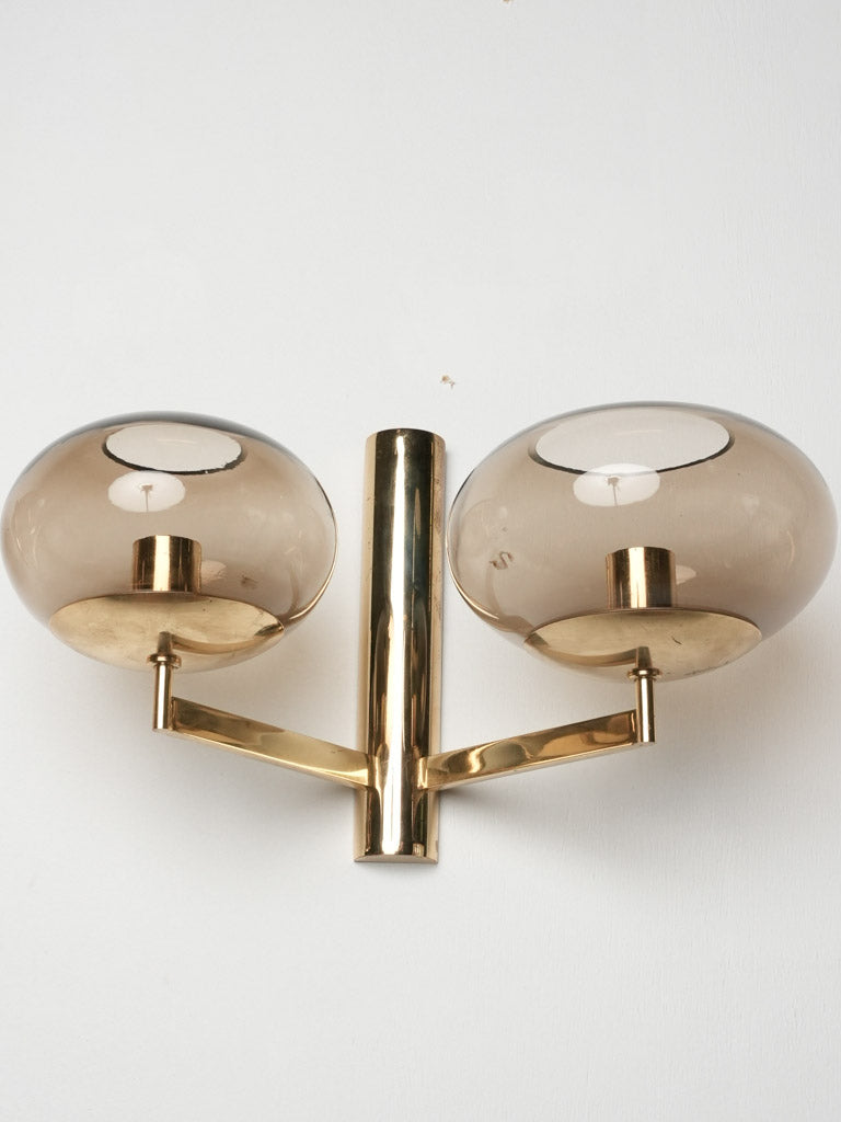 Pair of Sciolari wall sconces - brass & smoke glass cups 8¼" x 13¾"