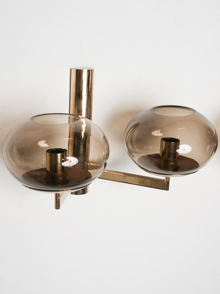 Pair of Sciolari wall sconces - brass & smoke glass cups 8¼" x 13¾"