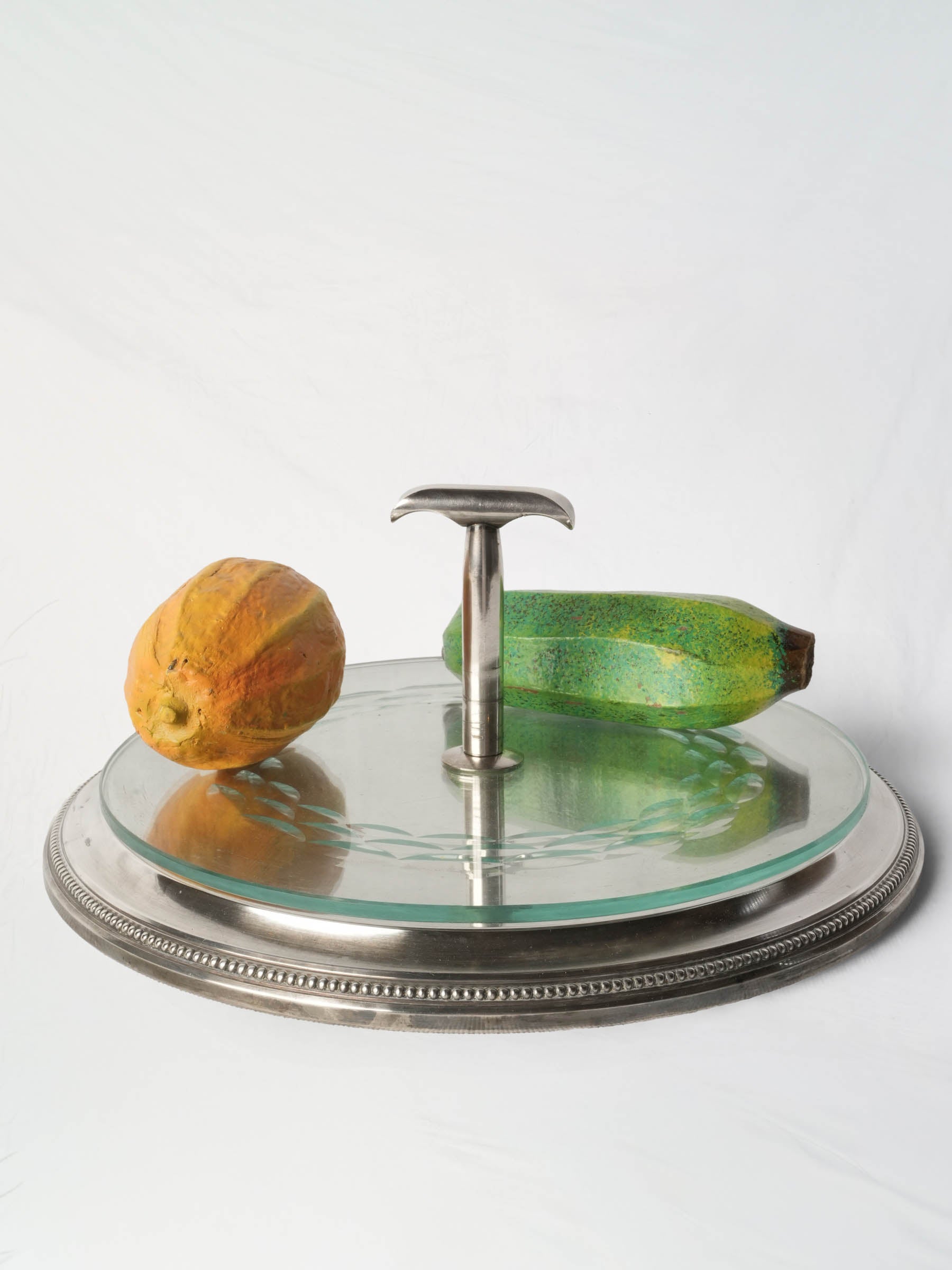 French Silver-Plated Rotating Apéritif Tray with Engraved Glass, Mid-20th Century - 6" x 12½"