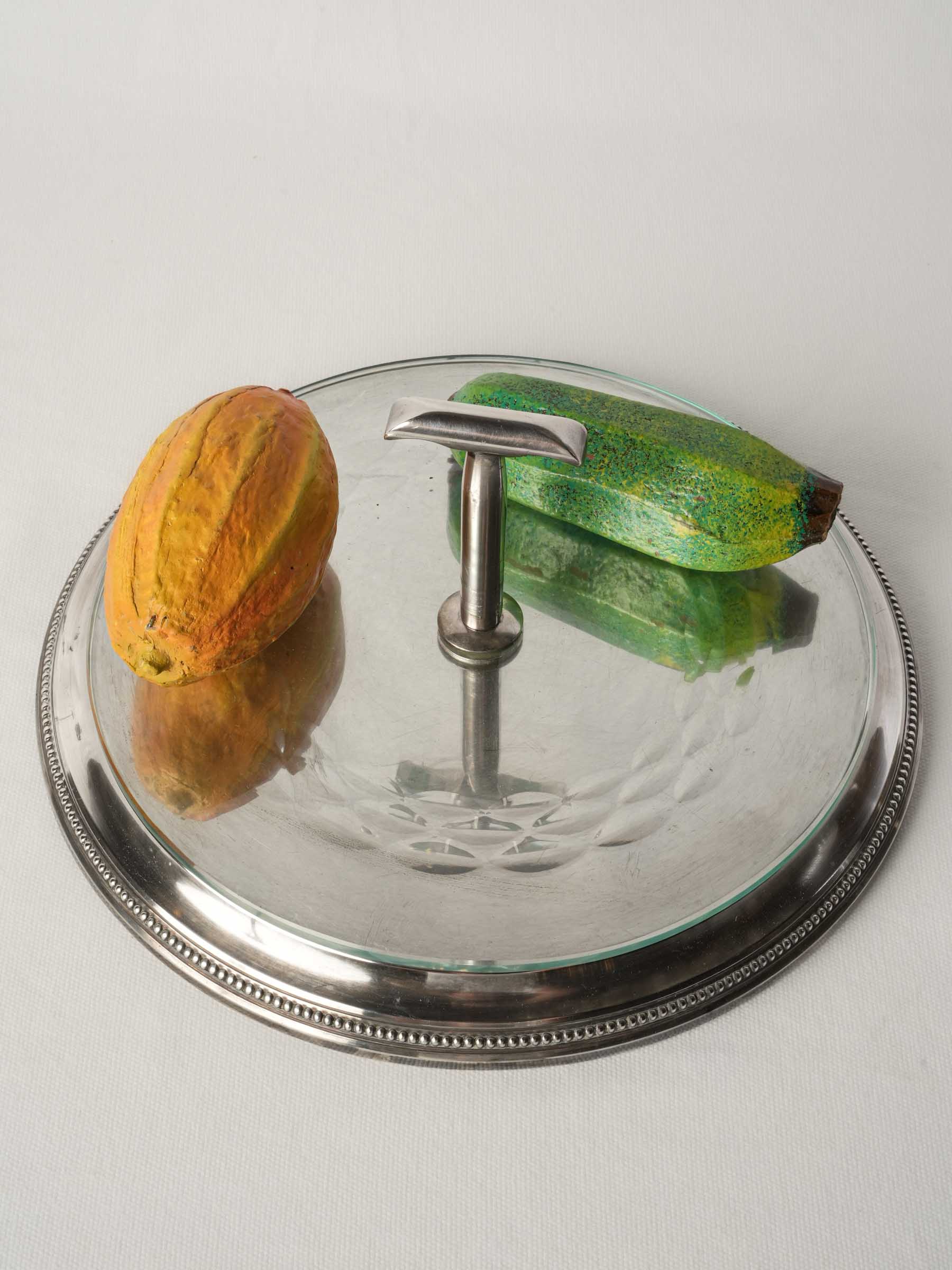 French Silver-Plated Rotating Apéritif Tray with Engraved Glass, Mid-20th Century - 6" x 12½"