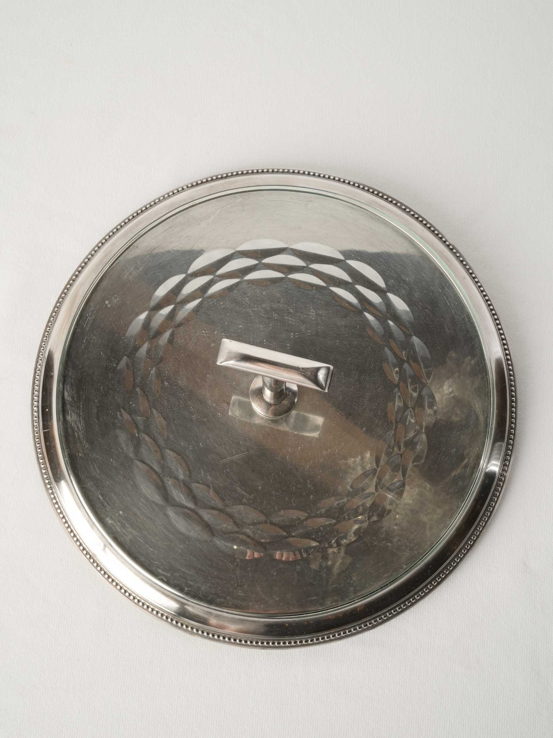 French Silver-Plated Rotating Apéritif Tray with Engraved Glass, Mid-20th Century - 6" x 12½"