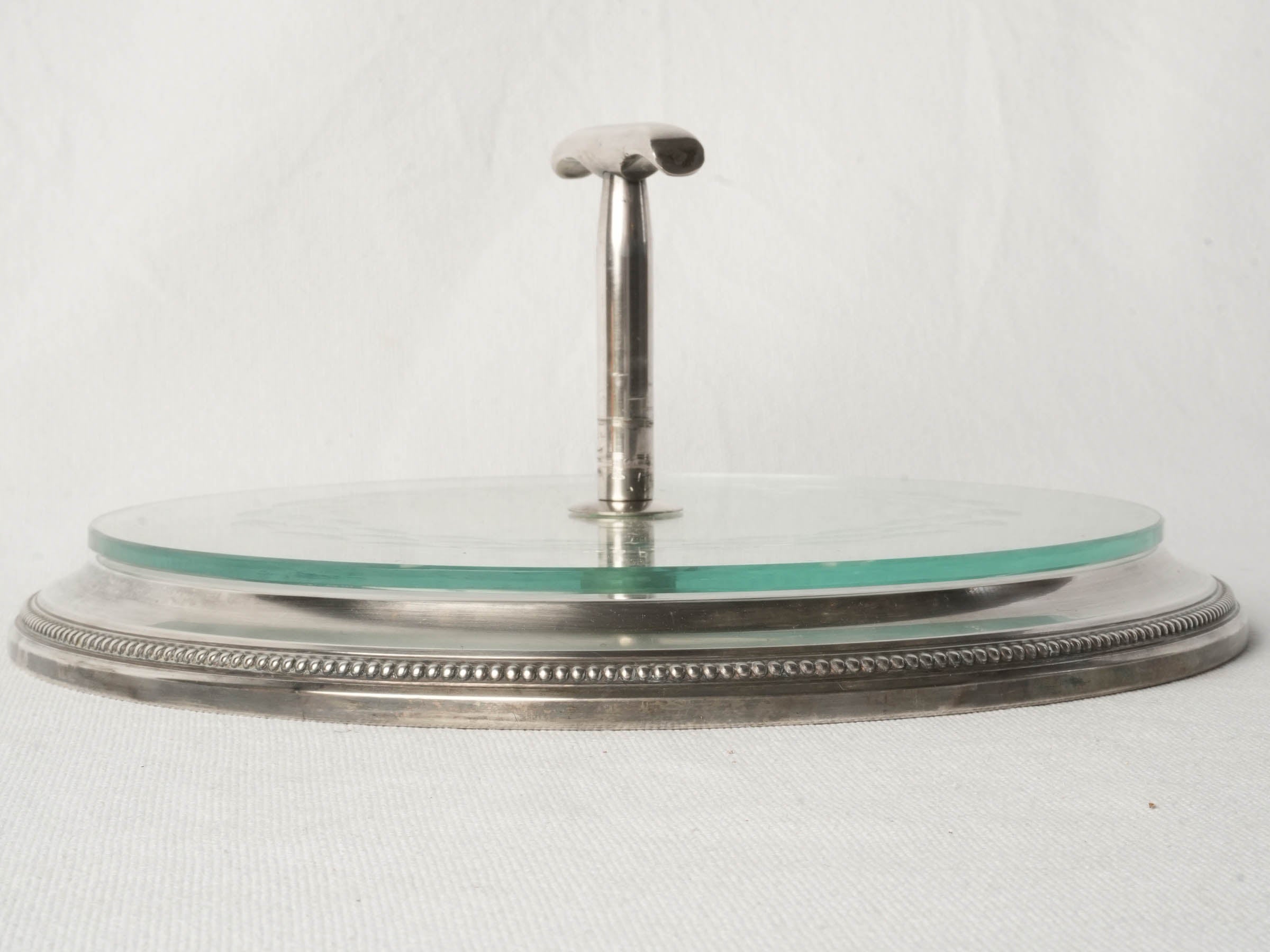 French Silver-Plated Rotating Apéritif Tray with Engraved Glass, Mid-20th Century - 6" x 12½"