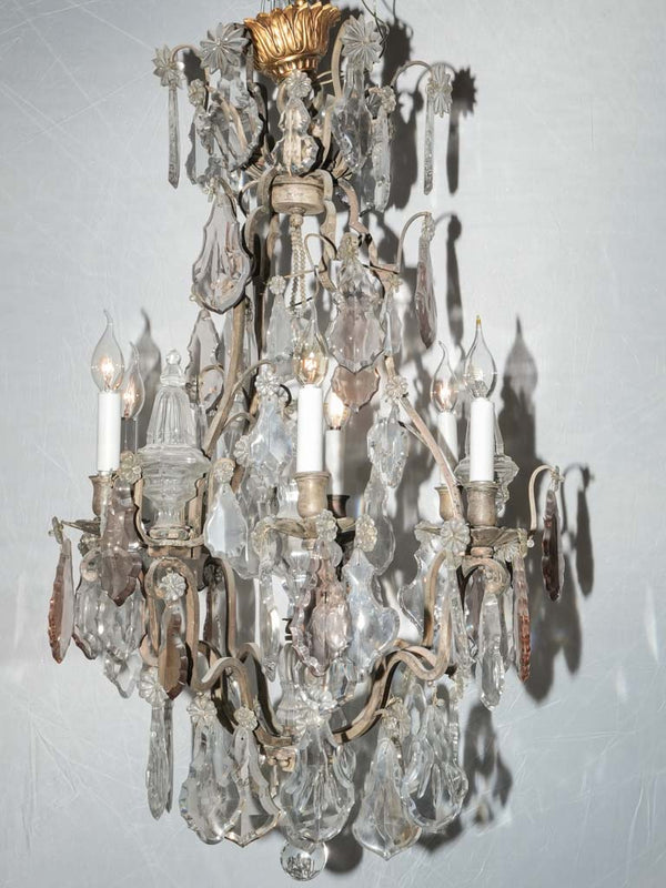 Antique French 10-light chandelier w/violet-tinted crystal droplets 39½" x 23¾"