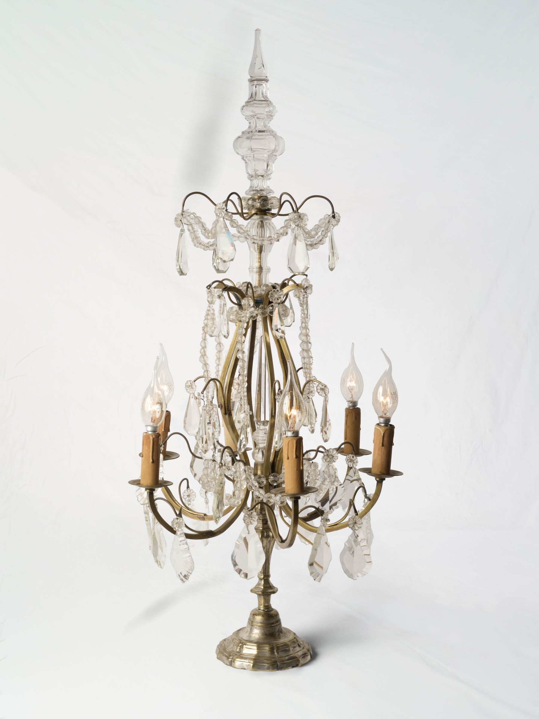 French Six-Light Glass Table Chandelier in Silvered Brass, Louis XV Style, Mid-20th Century - 34¼"