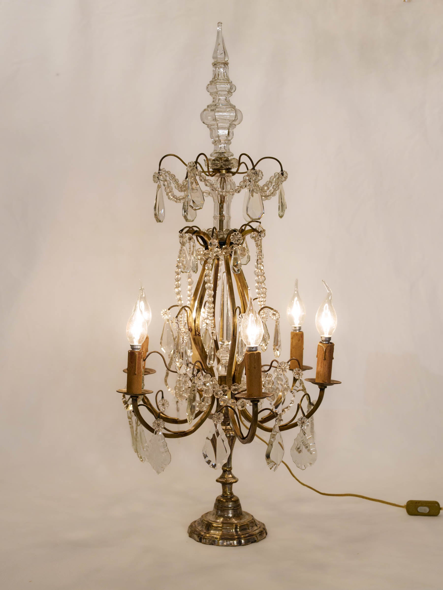 French Six-Light Glass Table Chandelier in Silvered Brass, Louis XV Style, Mid-20th Century - 34¼"
