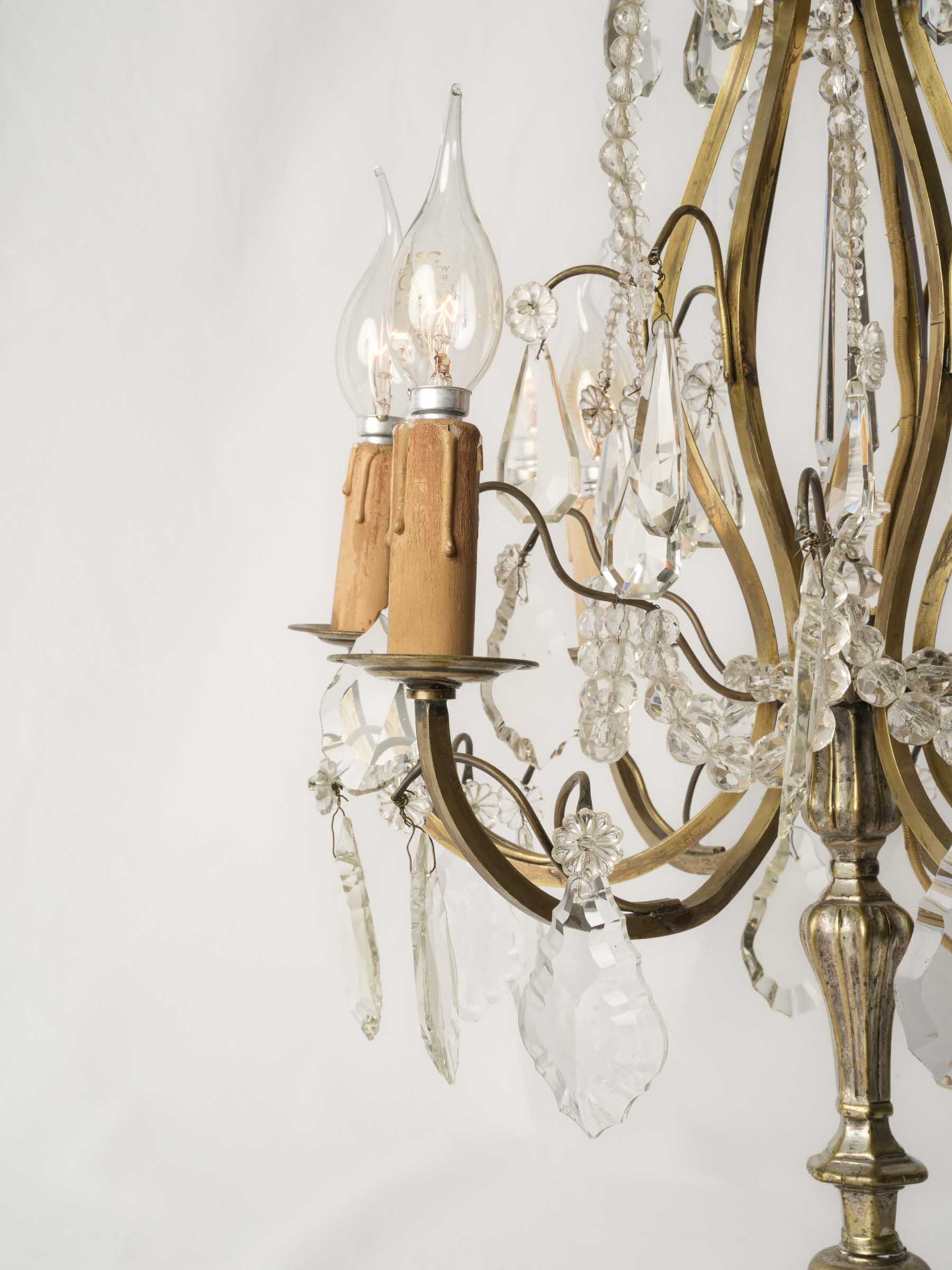 French Six-Light Glass Table Chandelier in Silvered Brass, Louis XV Style, Mid-20th Century - 34¼"
