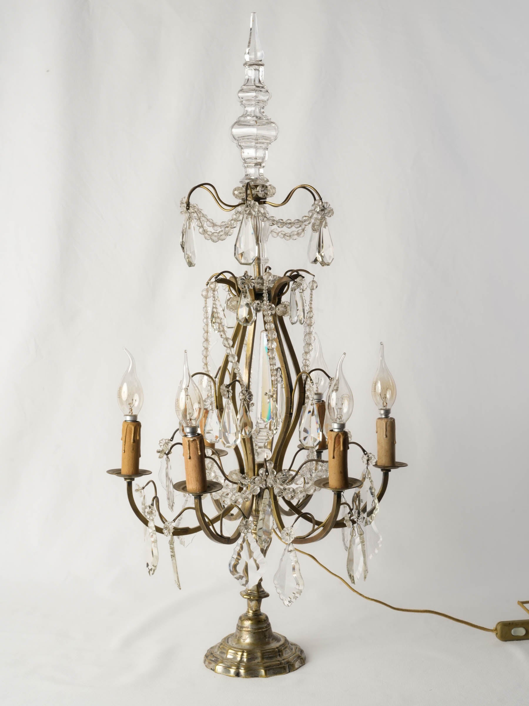 French Six-Light Glass Table Chandelier in Silvered Brass, Louis XV Style, Mid-20th Century - 34¼"