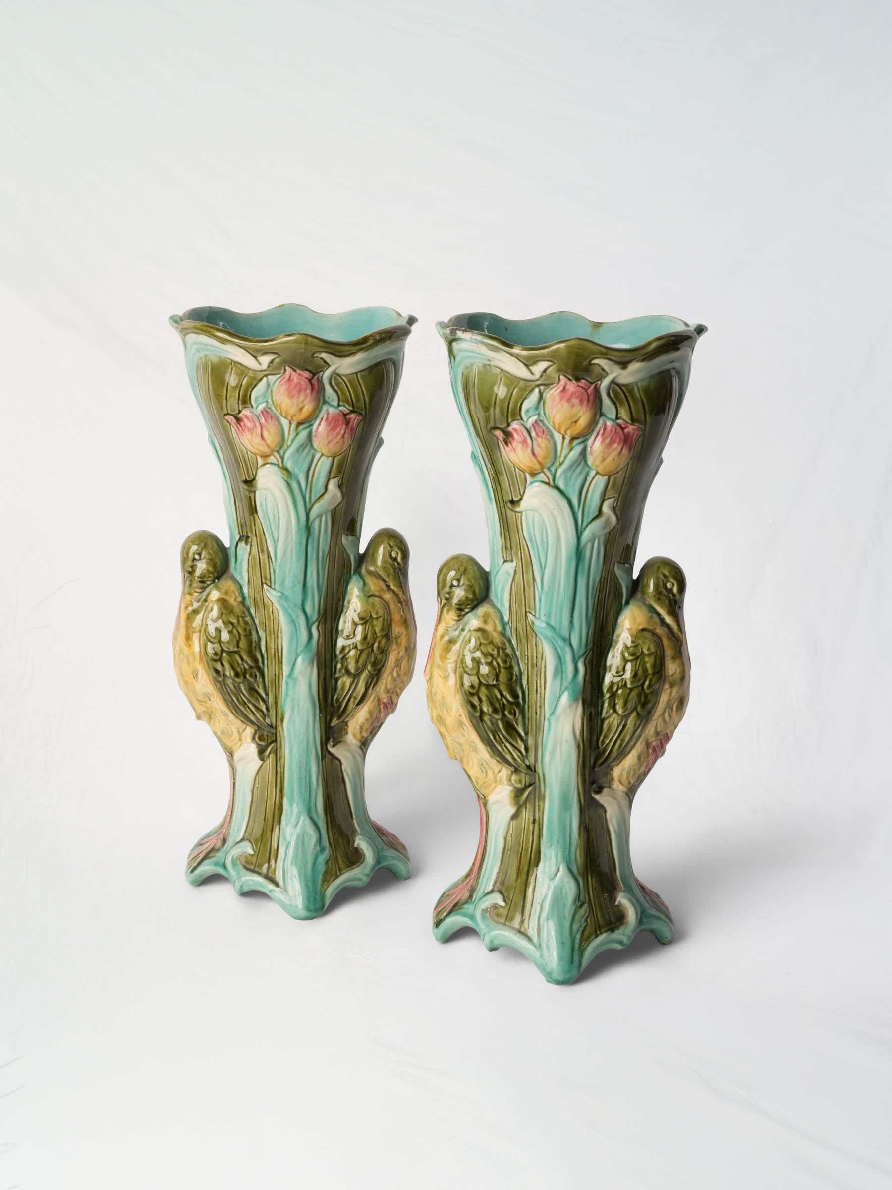 Superb Pair of Tall Art Nouveau Majolica Vases with Water Birds, Circa 1900 - 16½"