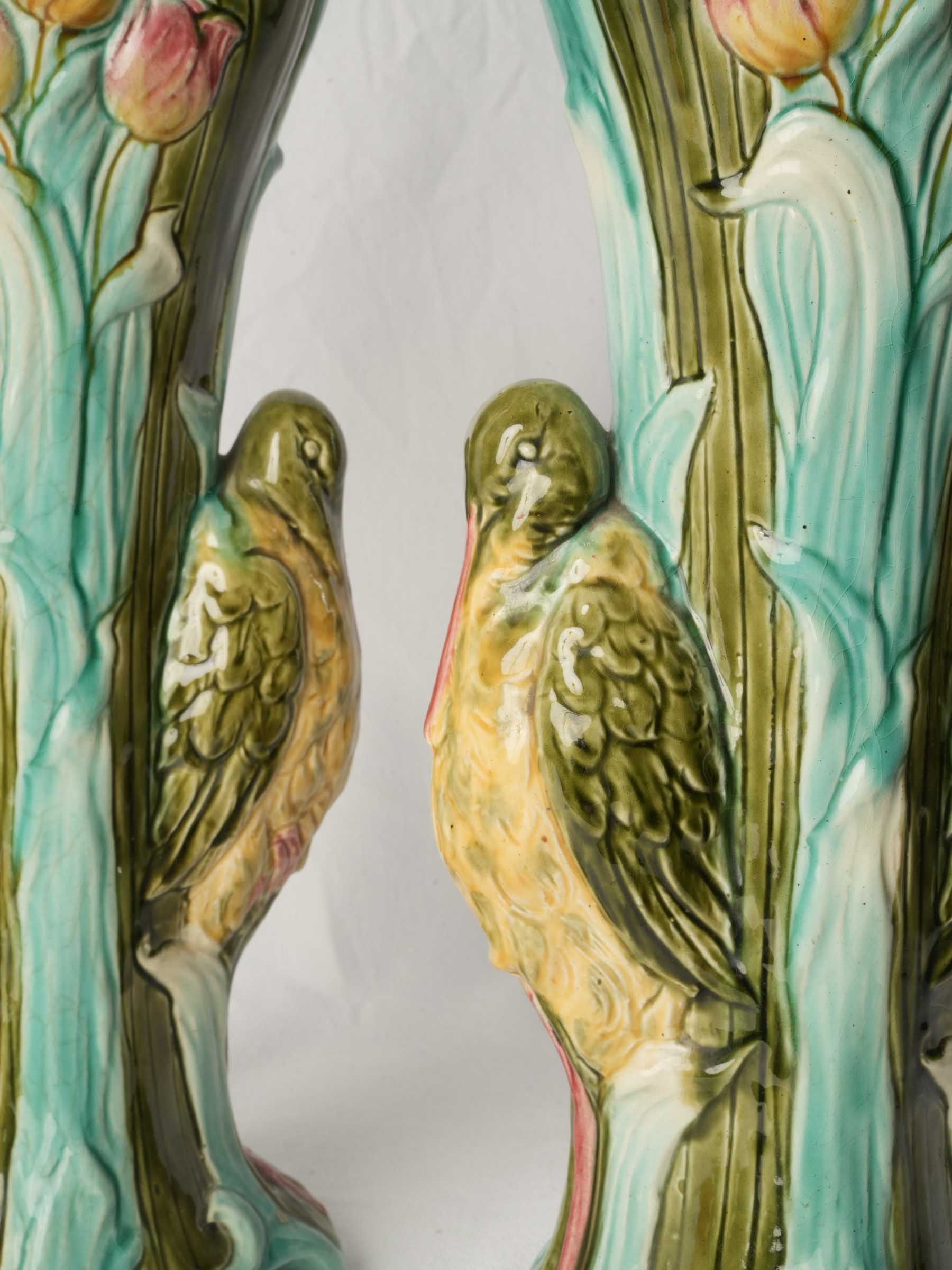 Superb Pair of Tall Art Nouveau Majolica Vases with Water Birds, Circa 1900 - 16½"