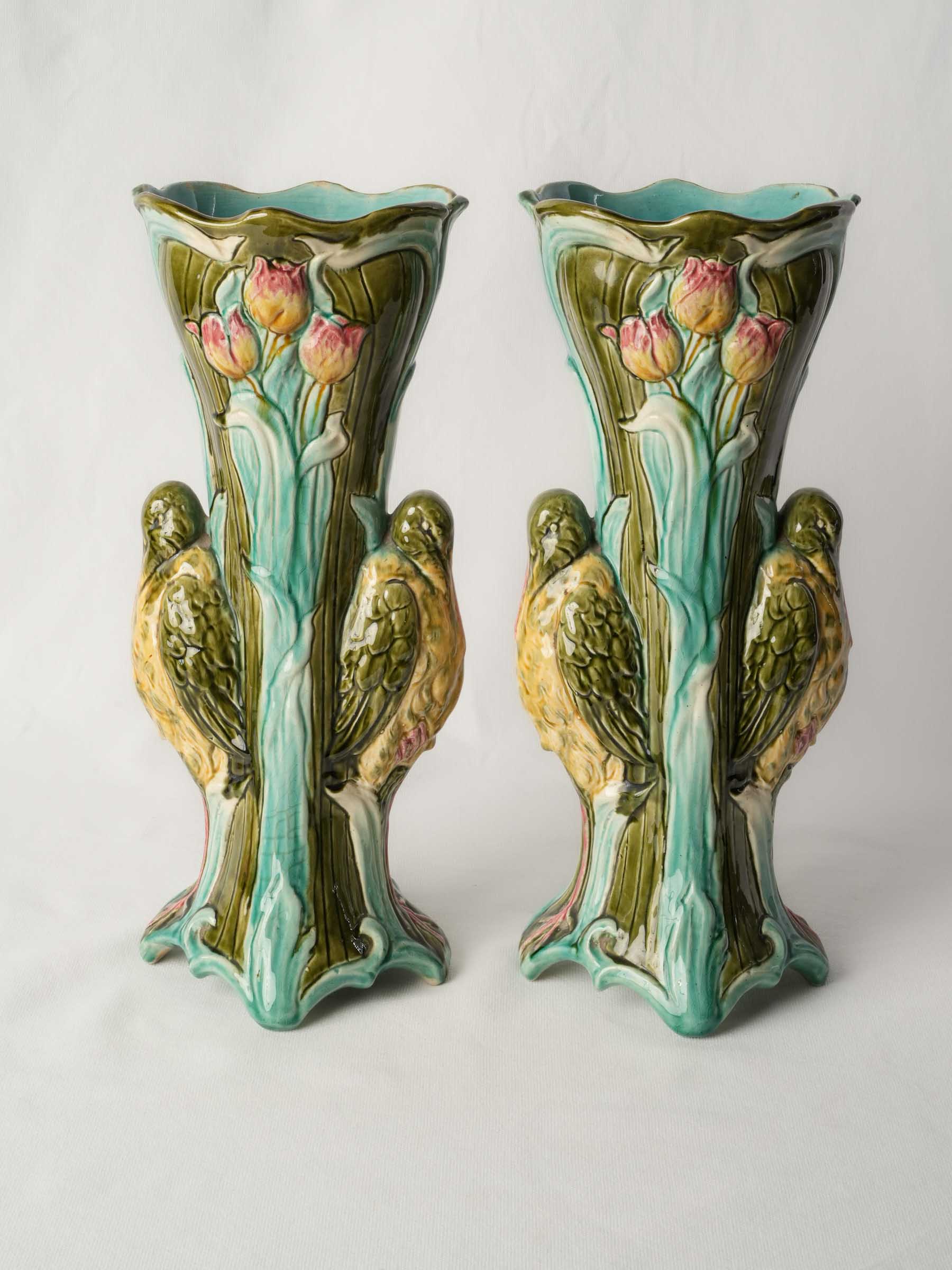 Superb Pair of Tall Art Nouveau Majolica Vases with Water Birds, Circa 1900 - 16½"
