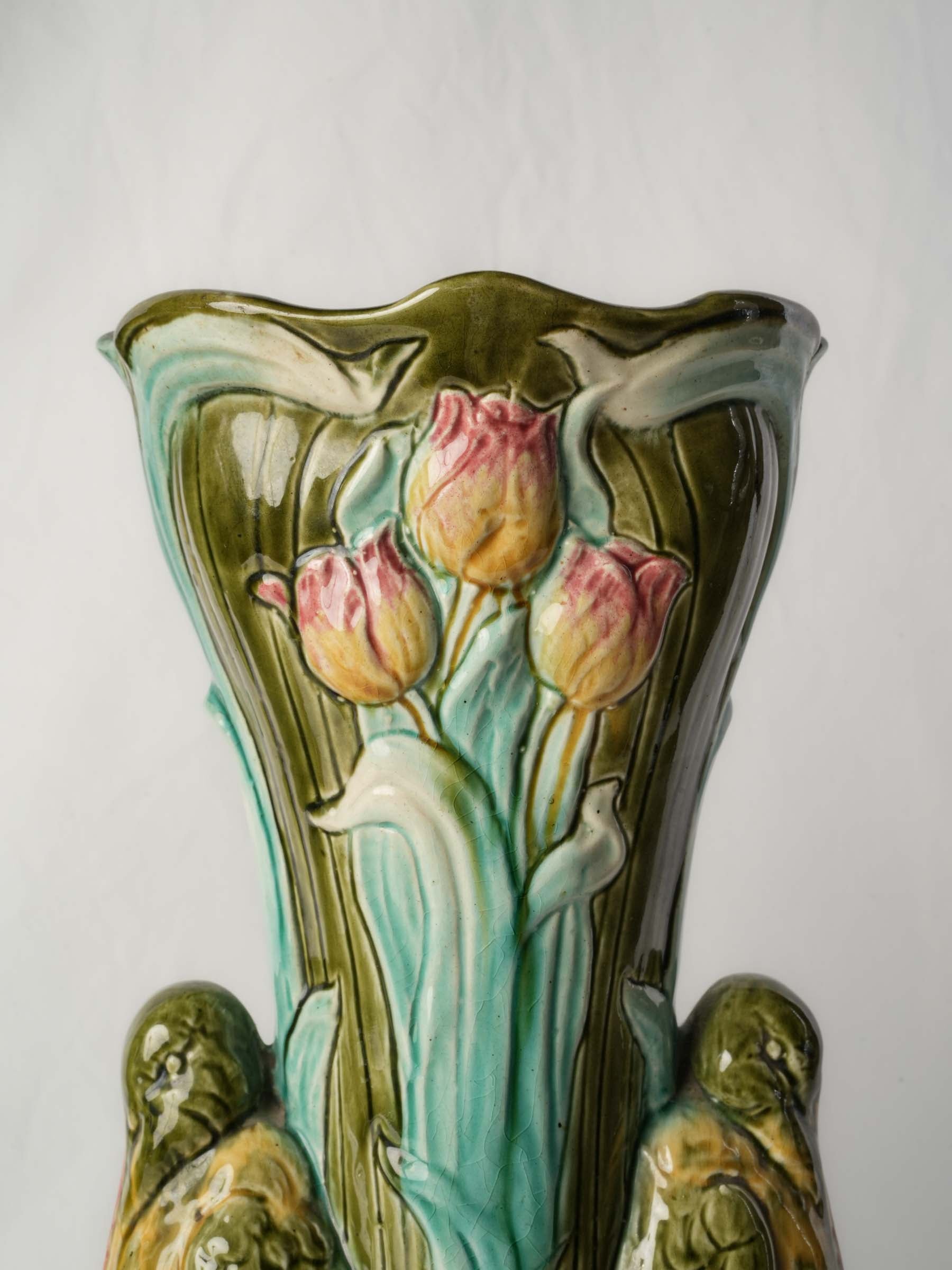 Superb Pair of Tall Art Nouveau Majolica Vases with Water Birds, Circa 1900 - 16½"