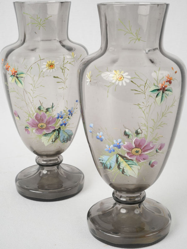 French, antique, floral blown glass vases
