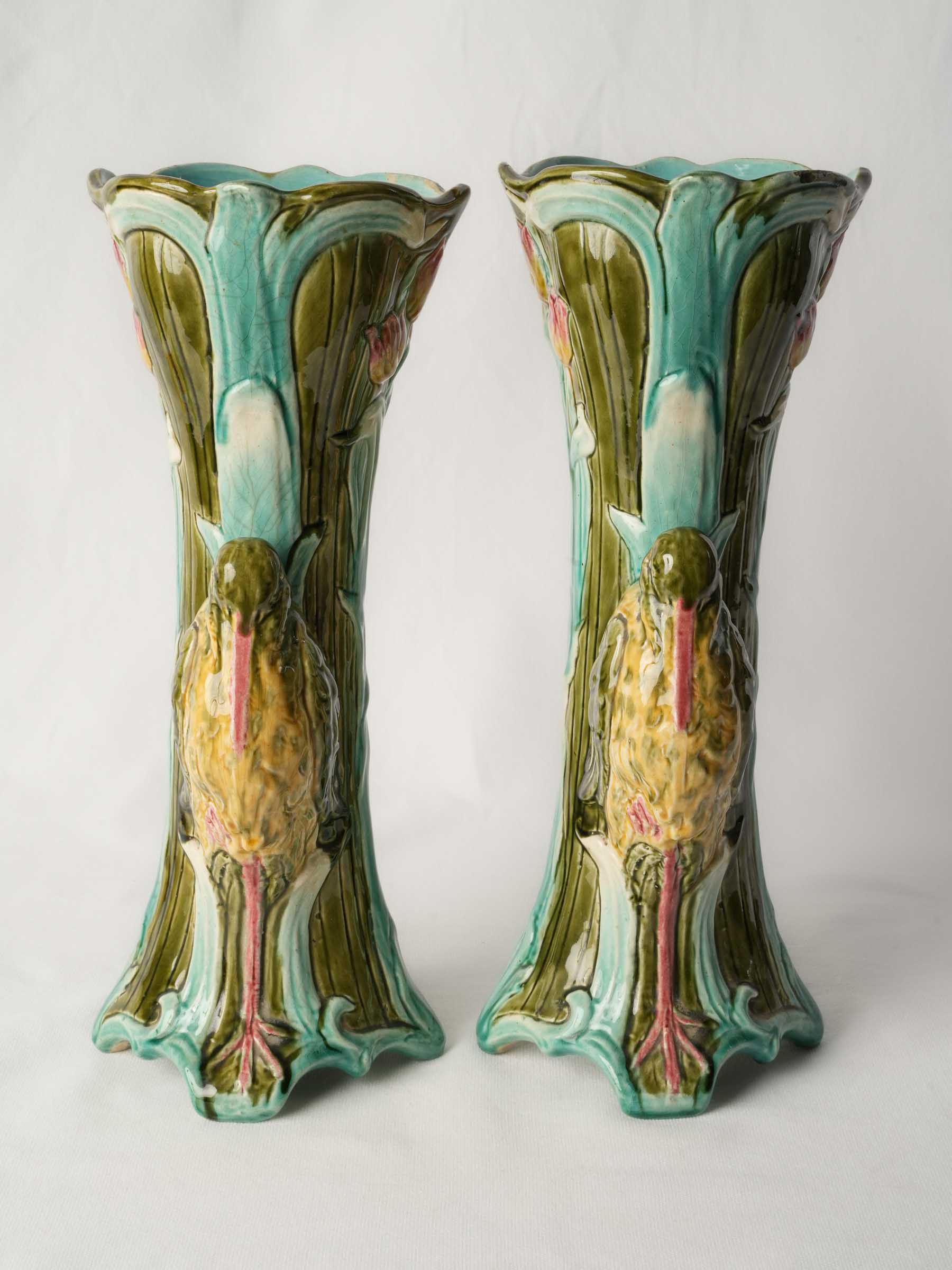Superb Pair of Tall Art Nouveau Majolica Vases with Water Birds, Circa 1900 - 16½"