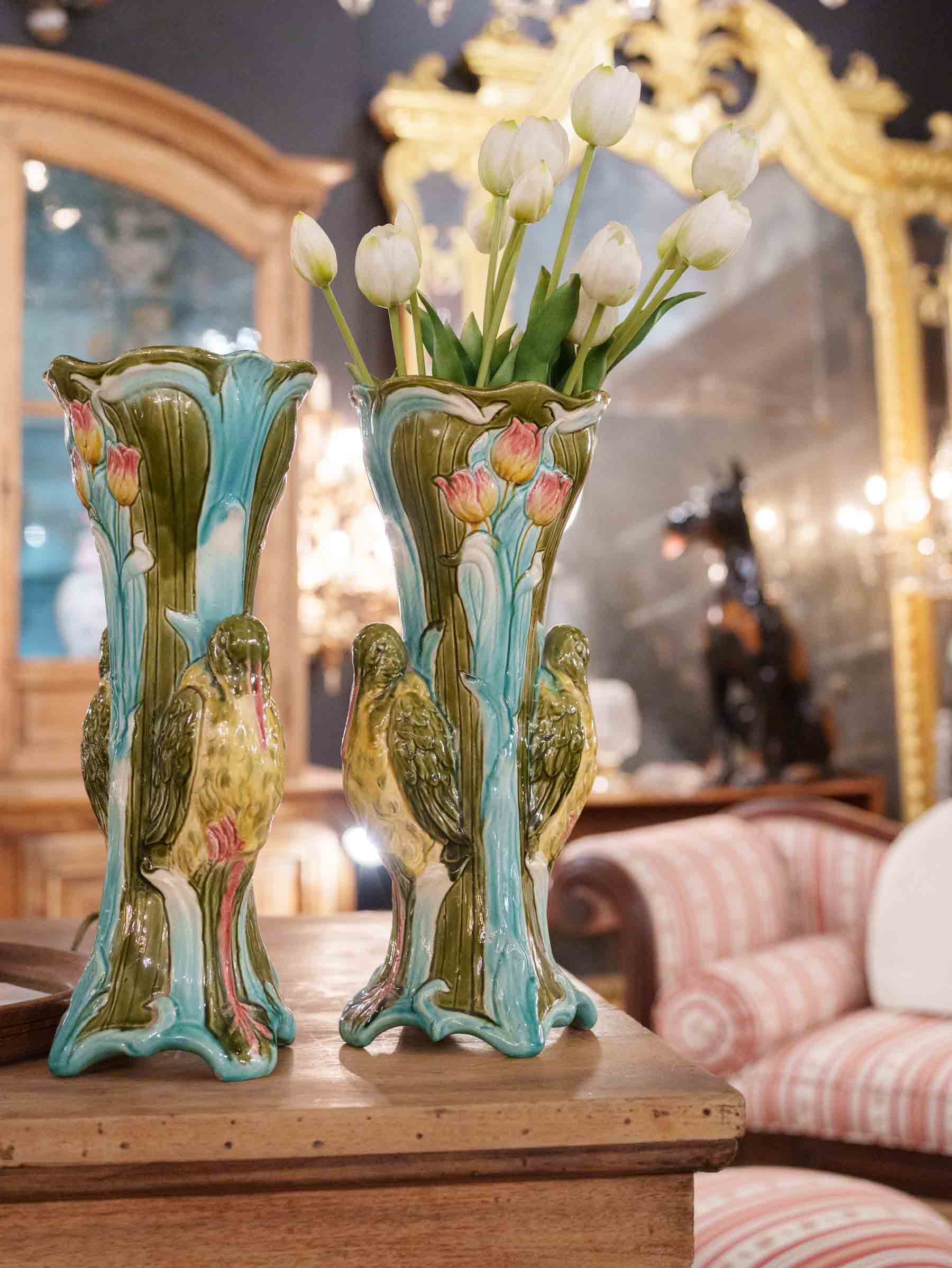 Superb Pair of Tall Art Nouveau Majolica Vases with Water Birds, Circa 1900 - 16½"