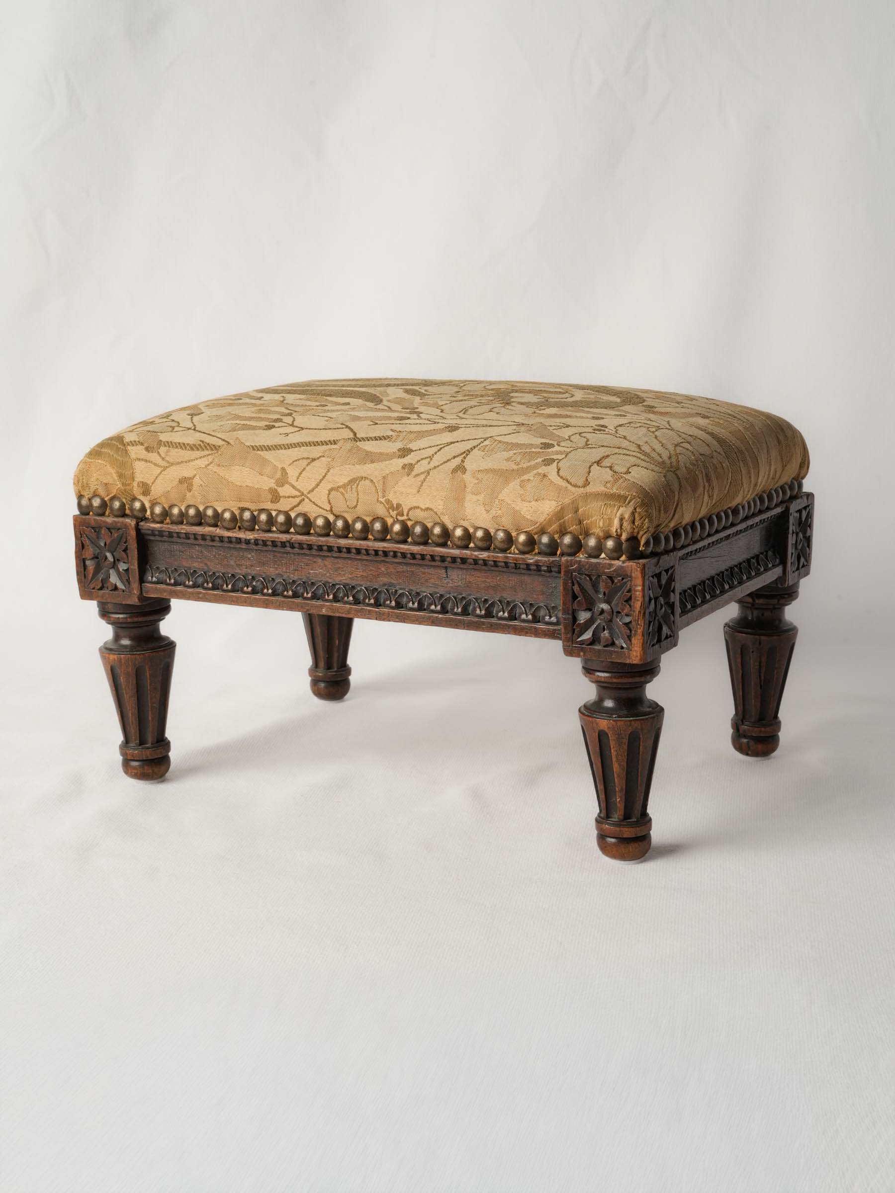 Antique French Footstool w/ Period Floral Upholstery - 8¼" x 13½"