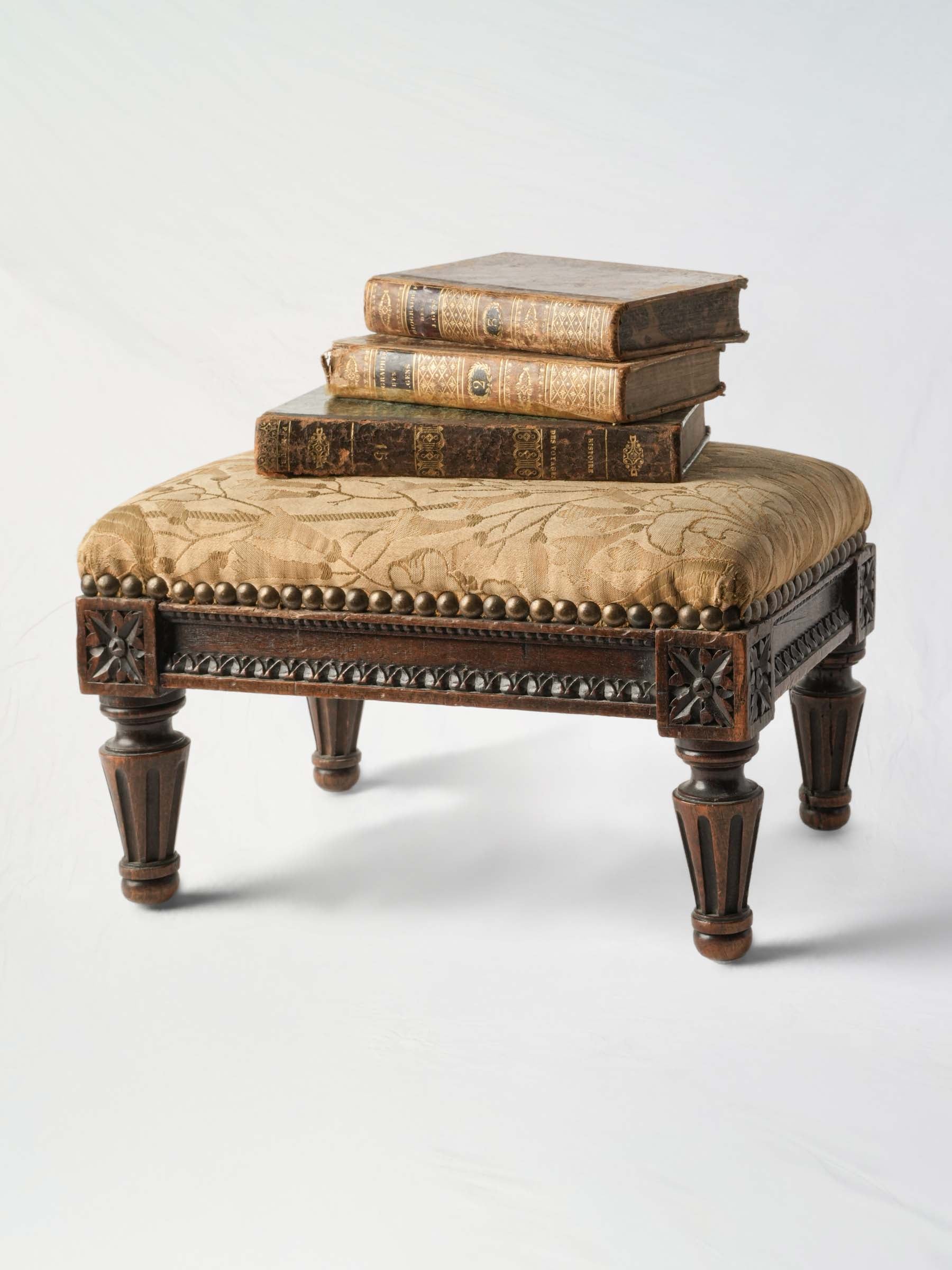 Antique French Footstool w/ Period Floral Upholstery - 8¼" x 13½"