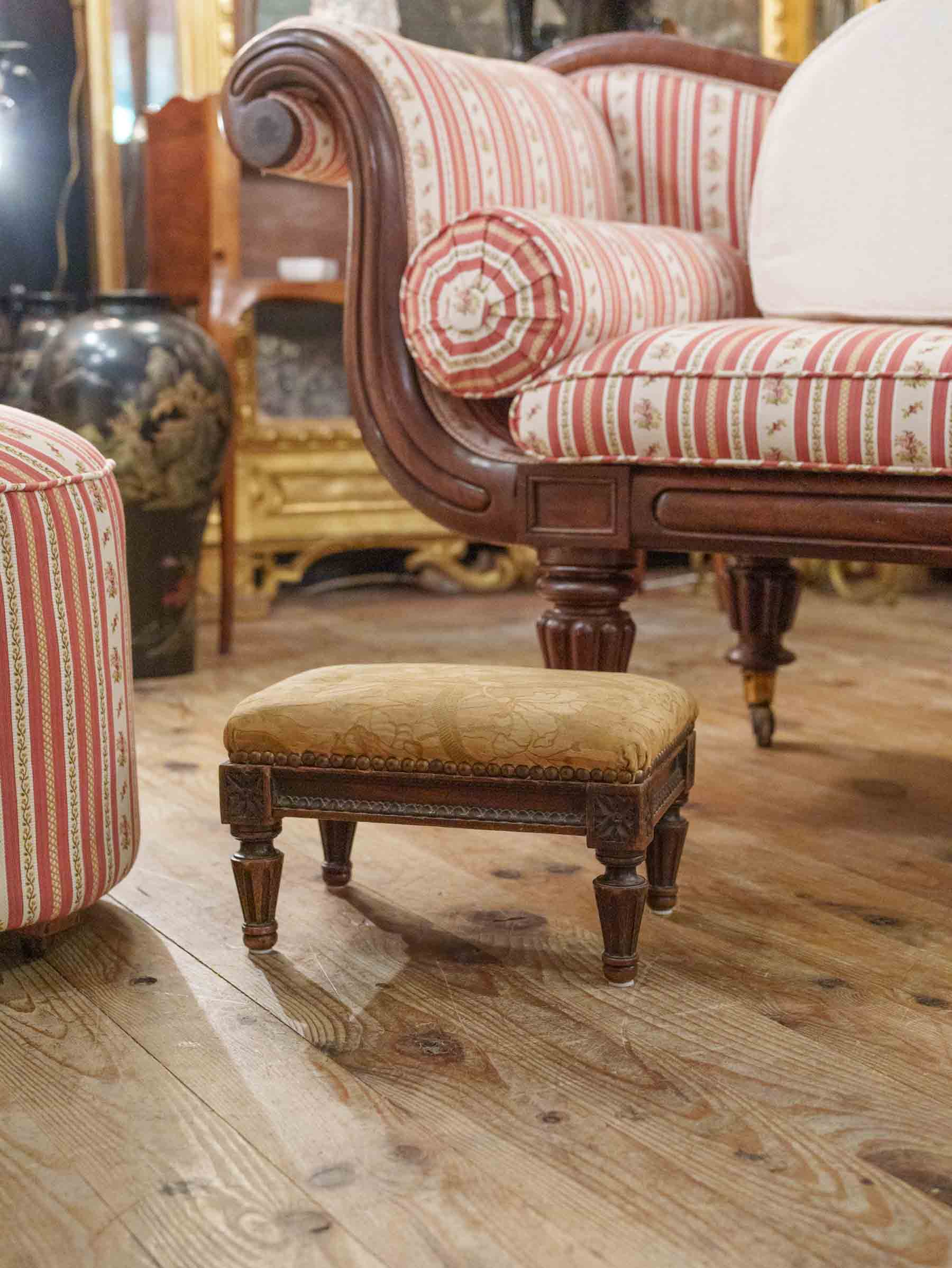 Antique French Footstool w/ Period Floral Upholstery - 8¼" x 13½"