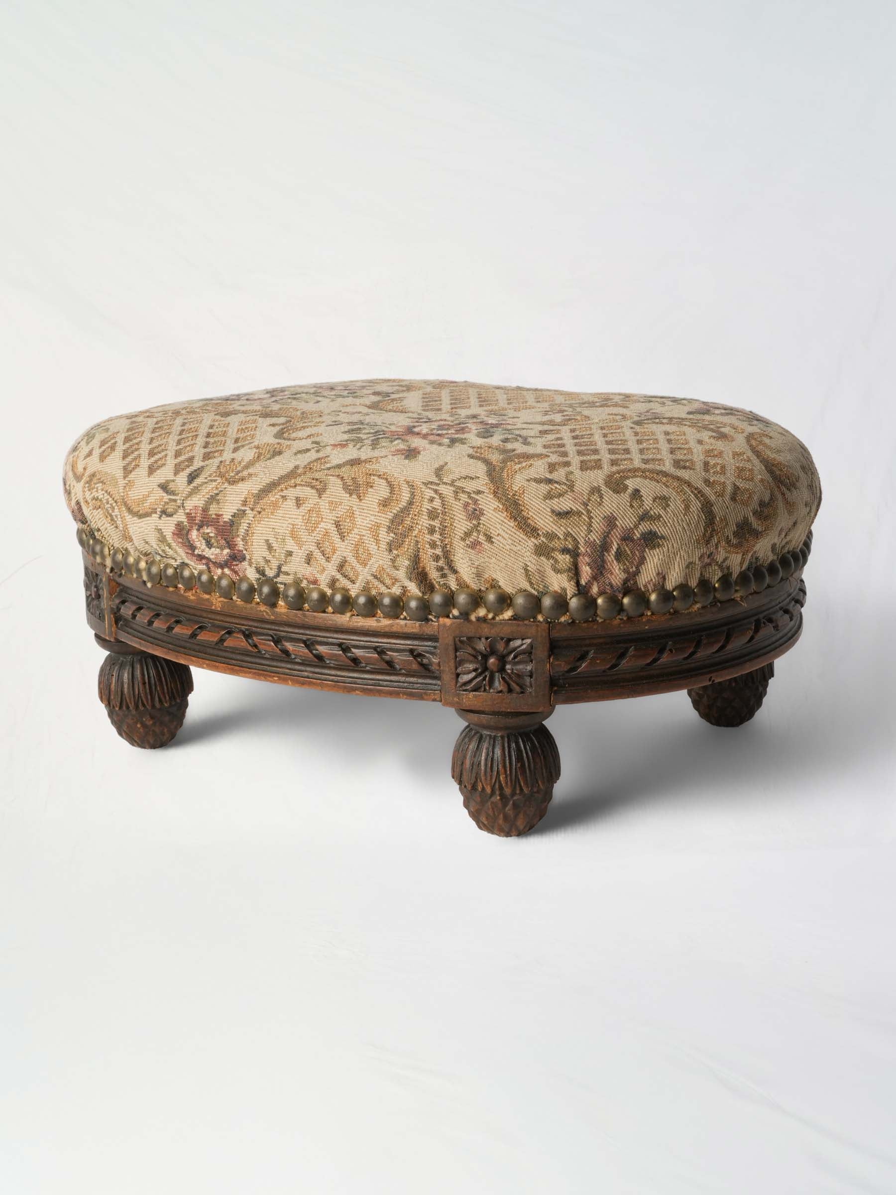 Charming Oval Footstool w/ Aubusson-Style Tapestry c. 1900 - 6¼" x 13¾"