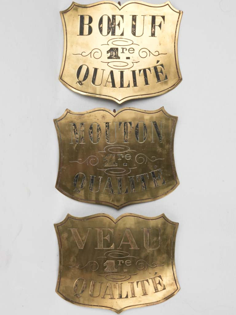 Three 19th century butcher's brass labels - beef, veal & lamb 8¾ x 12½""
