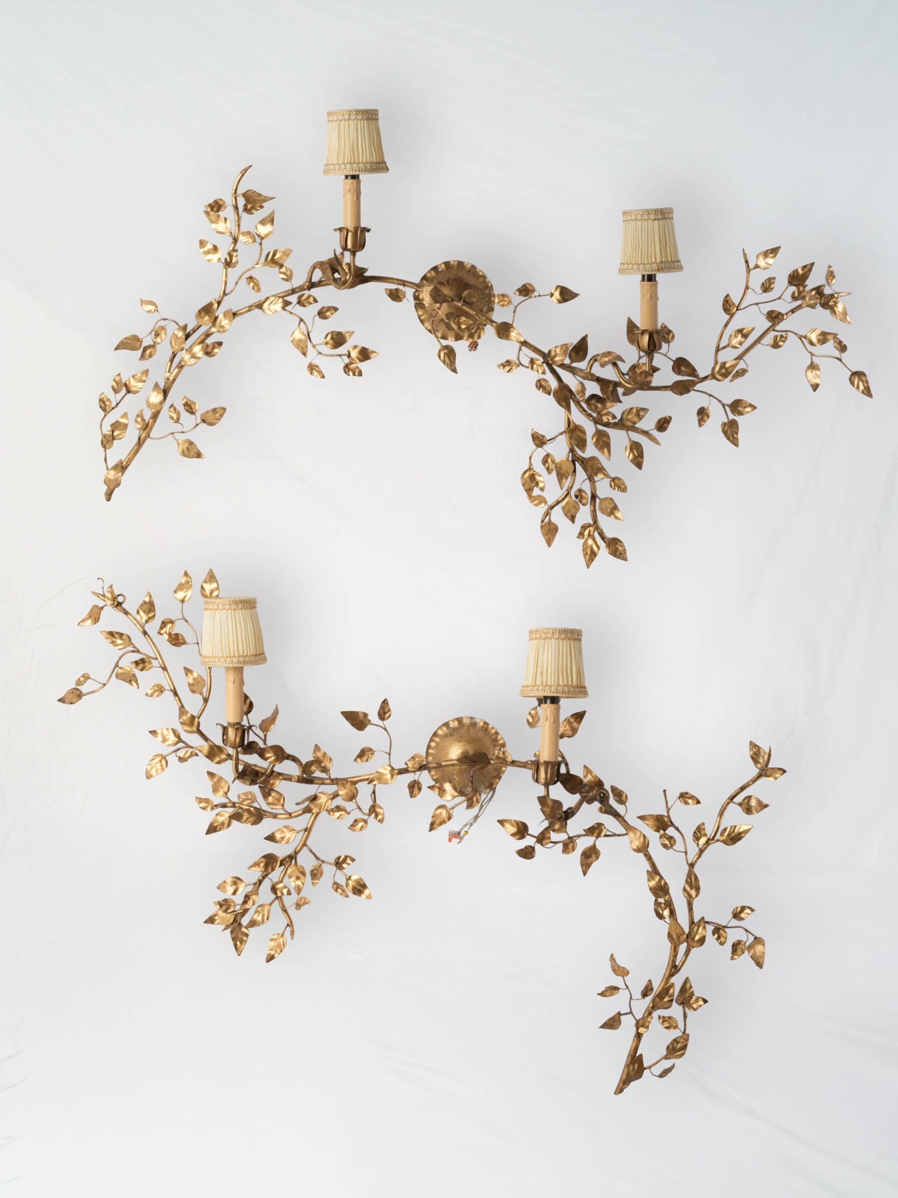 Striking Pair of Sculptural Gilt Metal Branch Wall Sconces, Mid-20th Century - 43¼"