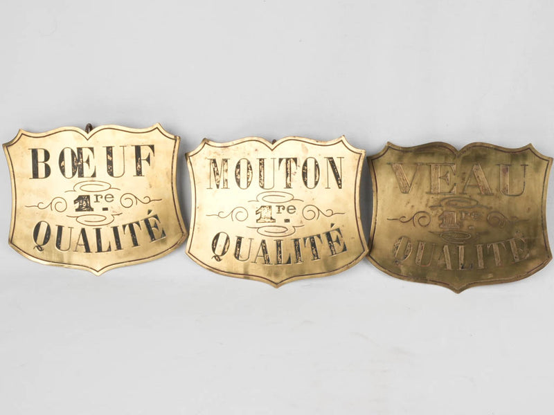 Three 19th century butcher's brass labels - beef, veal & lamb 8¾ x 12½""