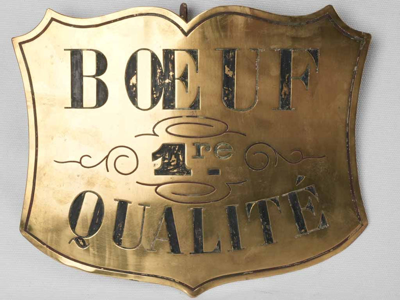Three 19th century butcher's brass labels - beef, veal & lamb 8¾ x 12½""