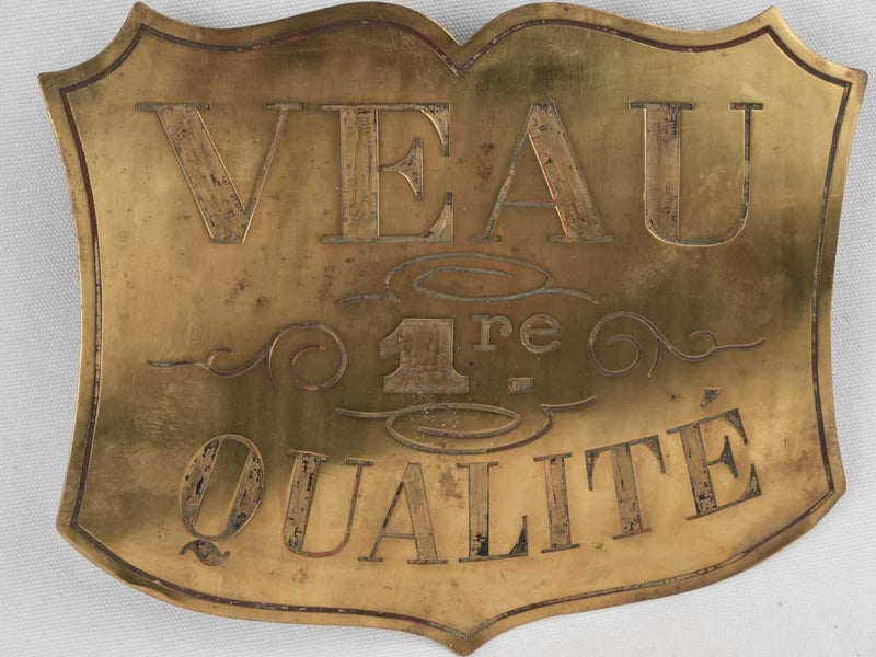 Three 19th century butcher's brass labels - beef, veal & lamb 8¾ x 12½""