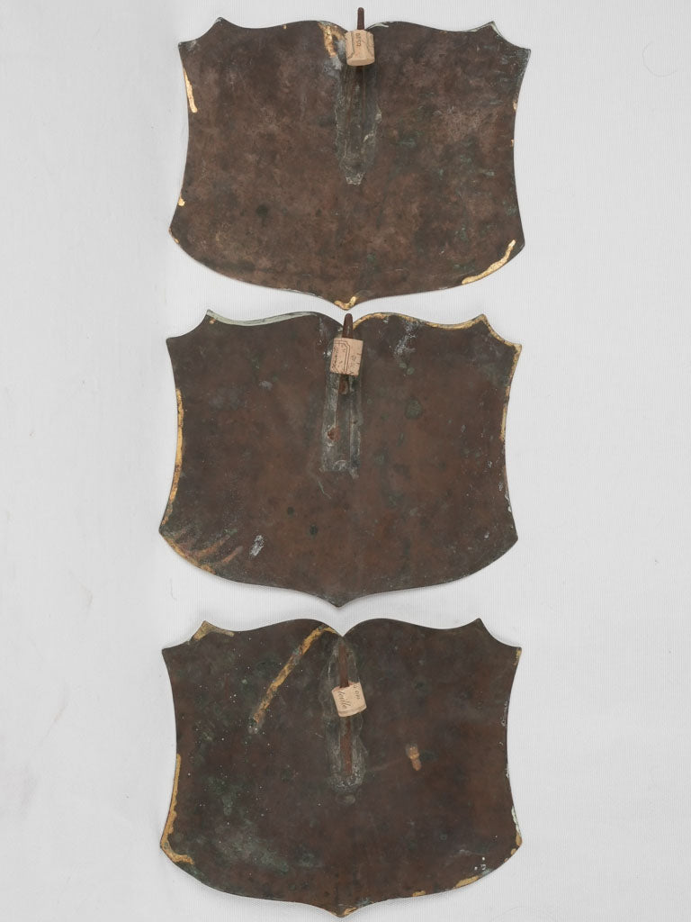 Three 19th century butcher's brass labels - beef, veal & lamb 8¾ x 12½""