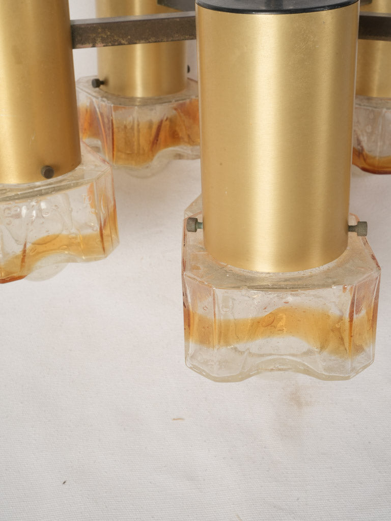 Mid-Century Italian Six-Light Chandelier in Brass and Amber Murano Glass - 30¾" x 19"