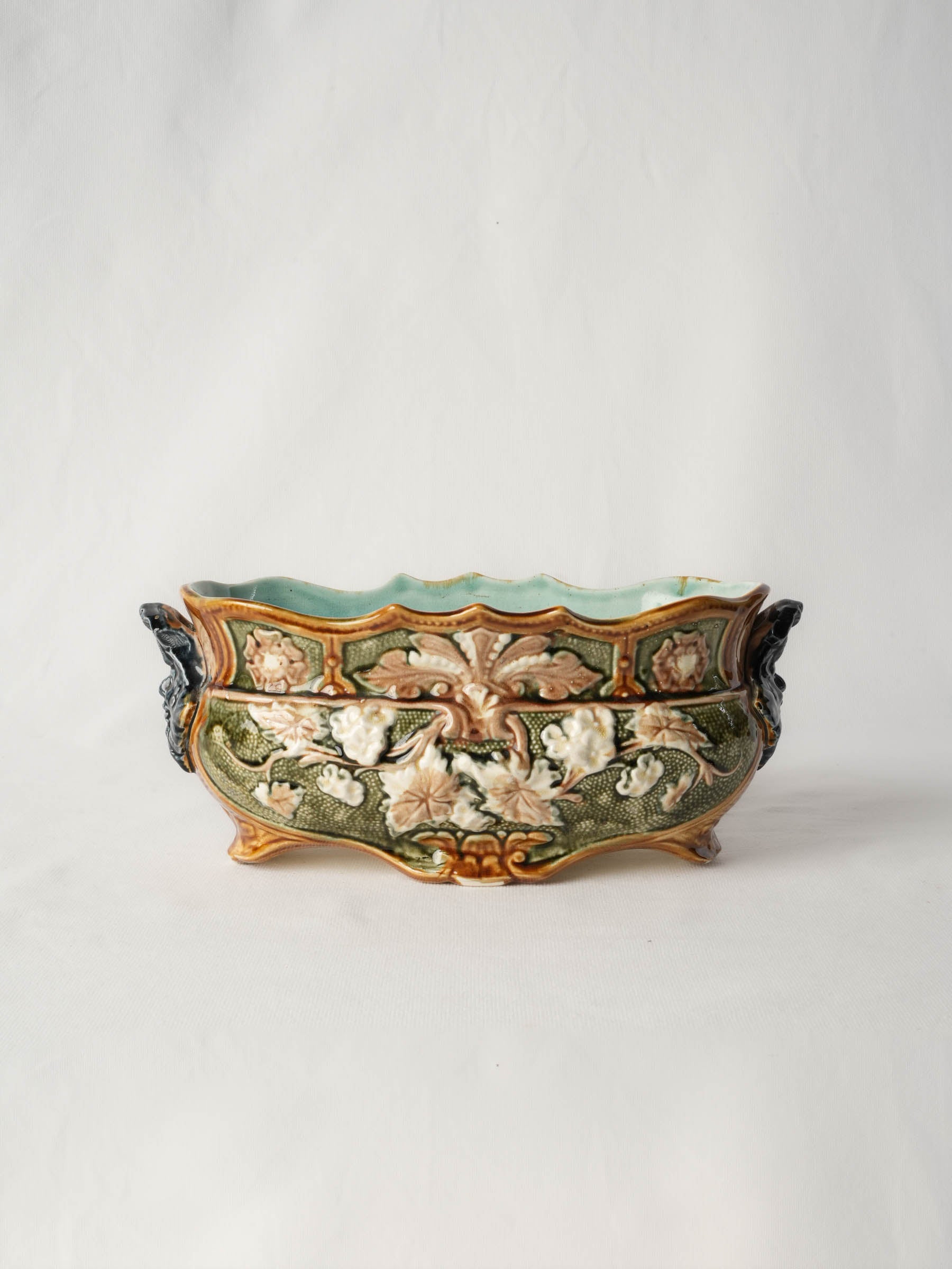 Small Art Nouveau Majolica Jardinière with Mascaron Handles, Circa 1900 - 5" x 12½"