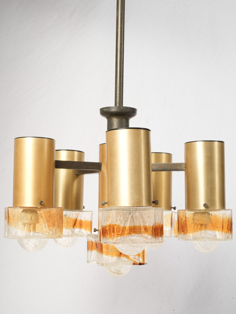 Mid-Century Italian Six-Light Chandelier in Brass and Amber Murano Glass - 30¾" x 19"