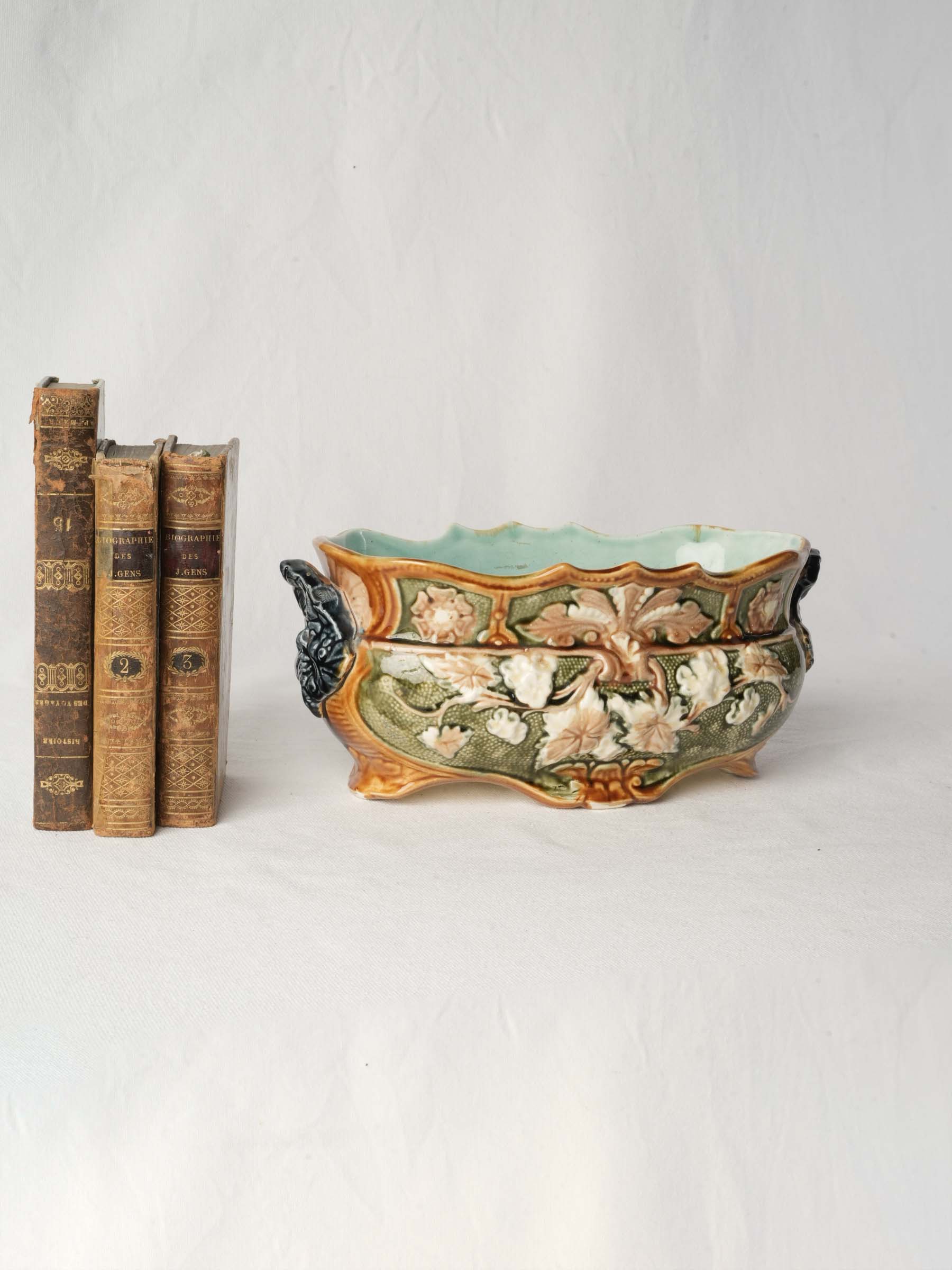 Small Art Nouveau Majolica Jardinière with Mascaron Handles, Circa 1900 - 5" x 12½"