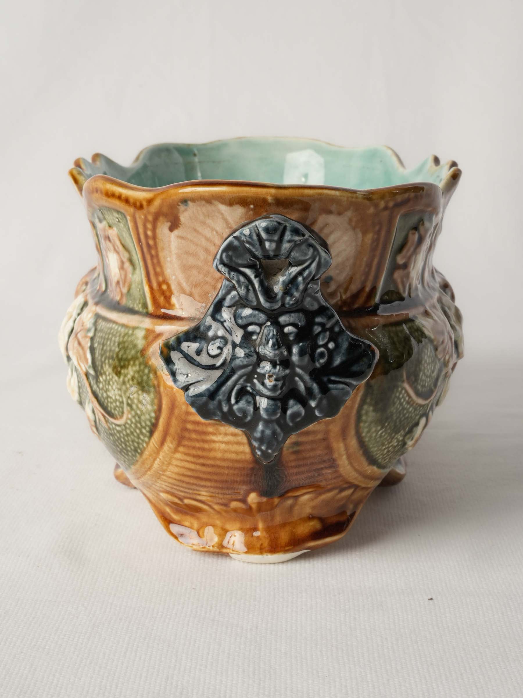 Small Art Nouveau Majolica Jardinière with Mascaron Handles, Circa 1900 - 5" x 12½"