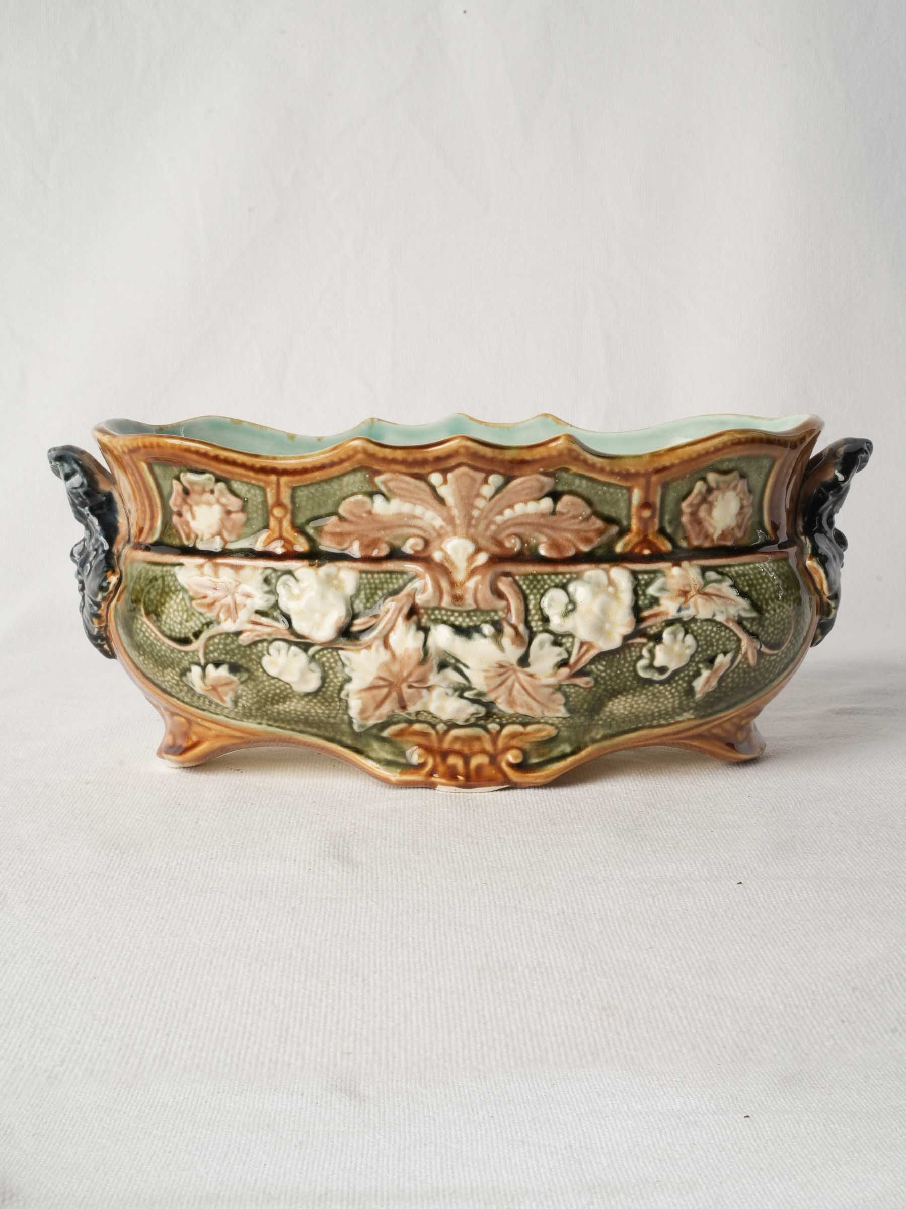 Small Art Nouveau Majolica Jardinière with Mascaron Handles, Circa 1900 - 5" x 12½"