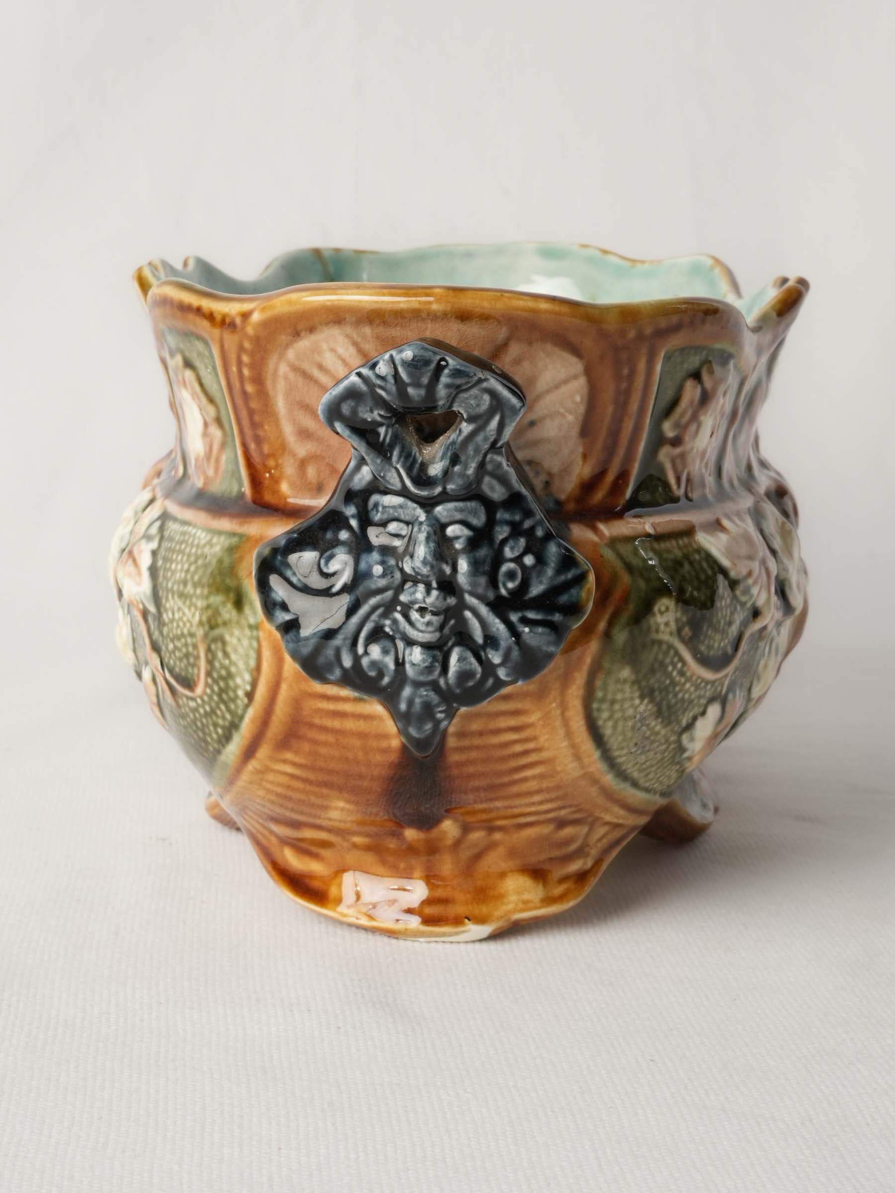 Small Art Nouveau Majolica Jardinière with Mascaron Handles, Circa 1900 - 5" x 12½"