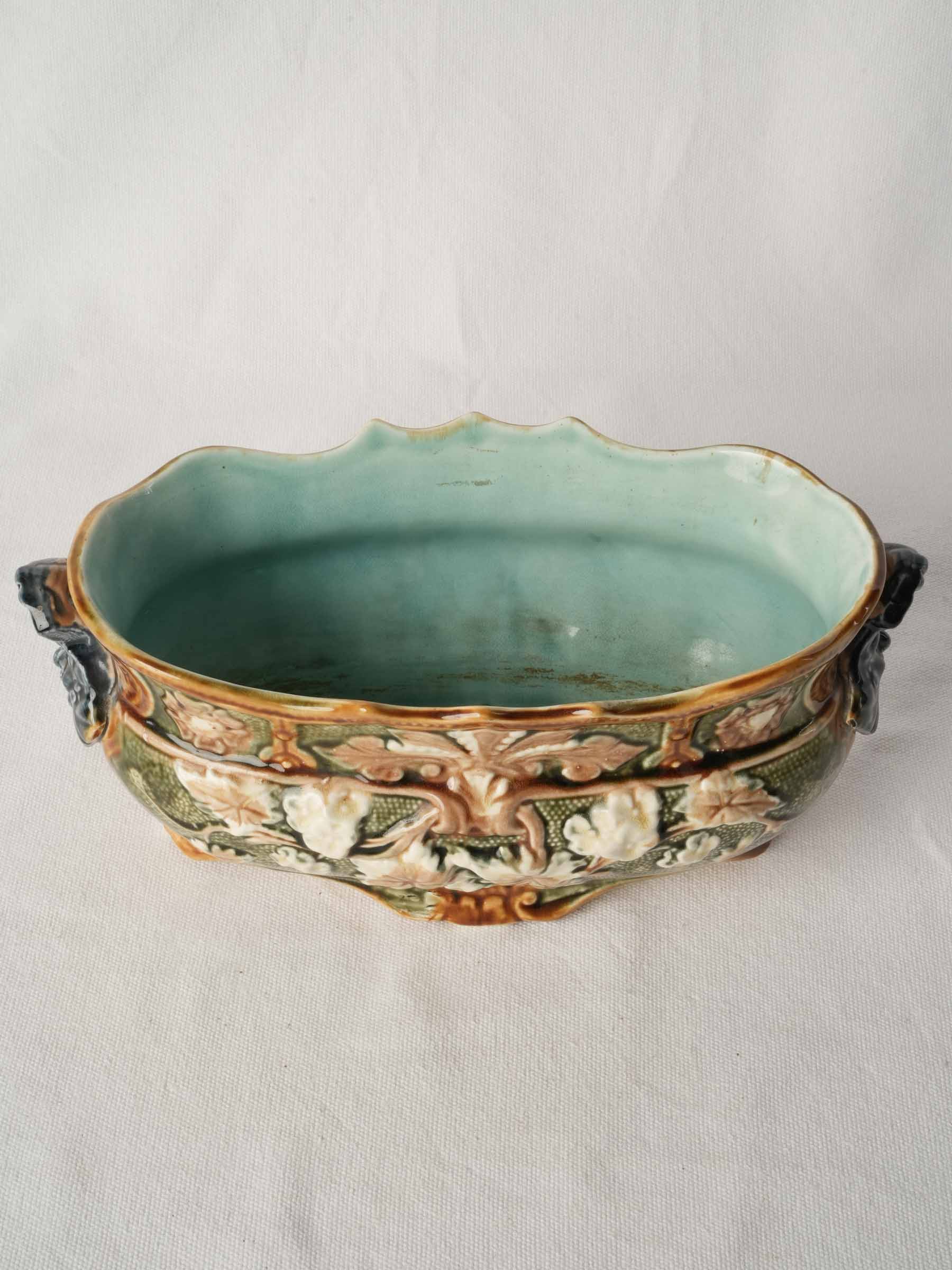Small Art Nouveau Majolica Jardinière with Mascaron Handles, Circa 1900 - 5" x 12½"