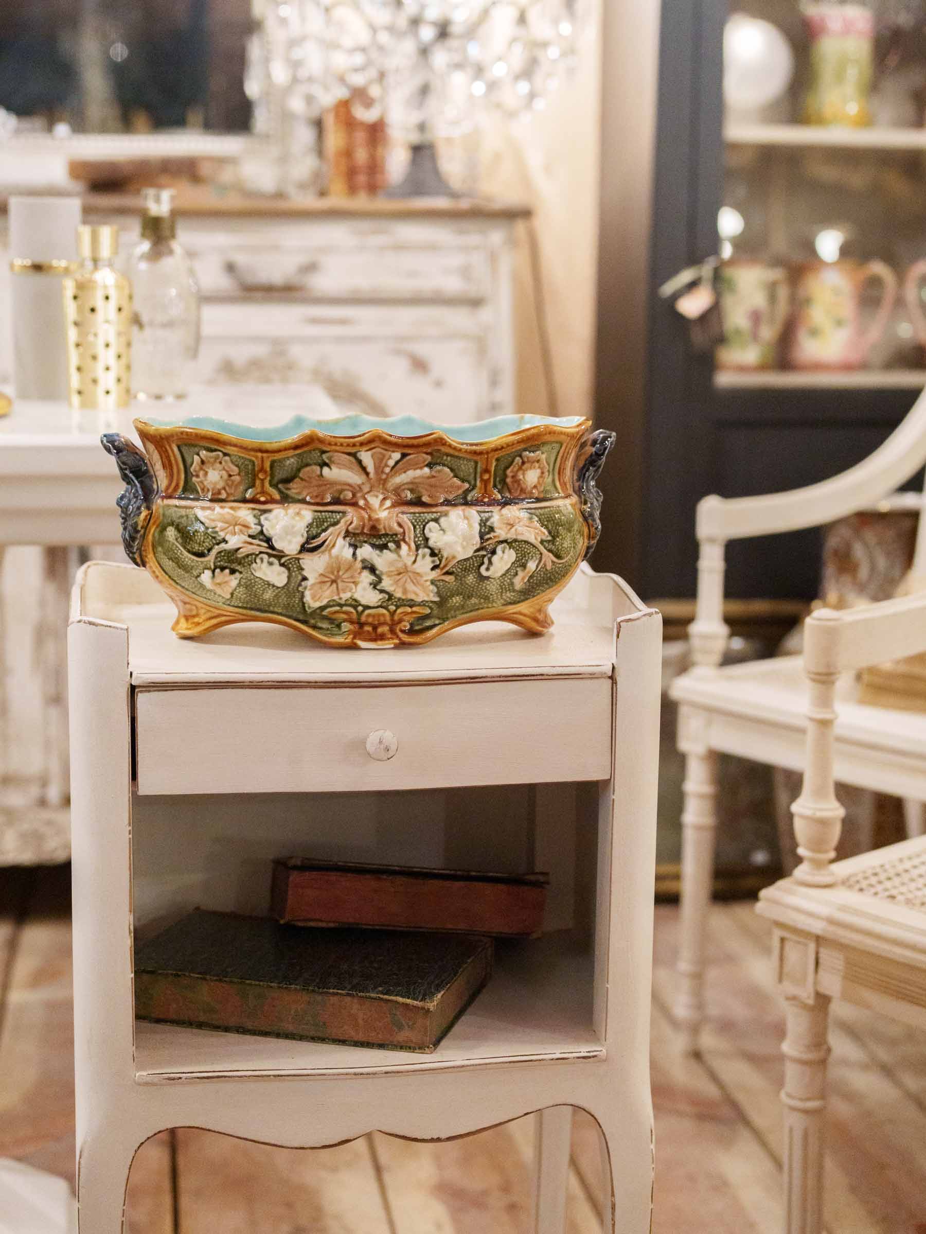 Small Art Nouveau Majolica Jardinière with Mascaron Handles, Circa 1900 - 5" x 12½"