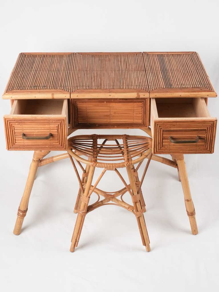 1960s French rattan vanity table and stool 33¾"