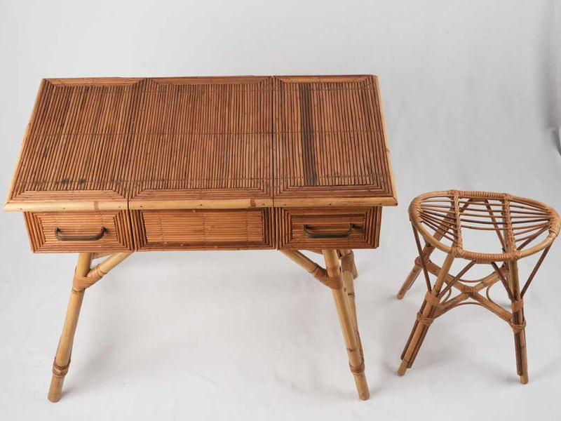 1960s French rattan vanity table and stool 33¾"