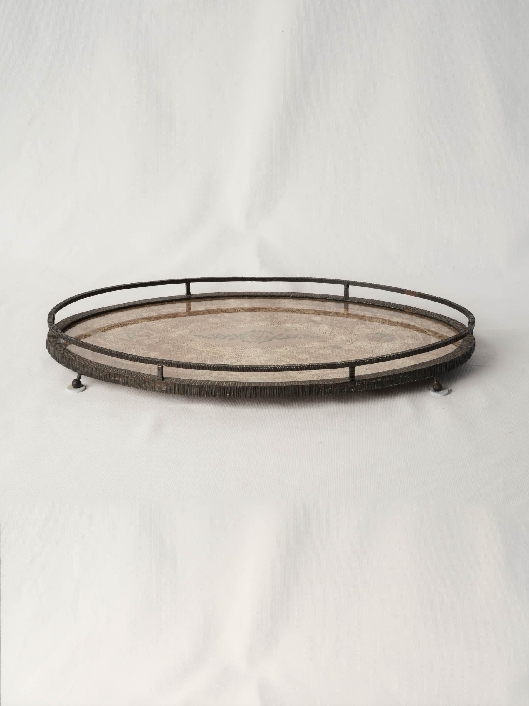 French 1940s Wrought Iron Tray w/ Antique Lace Under Glass