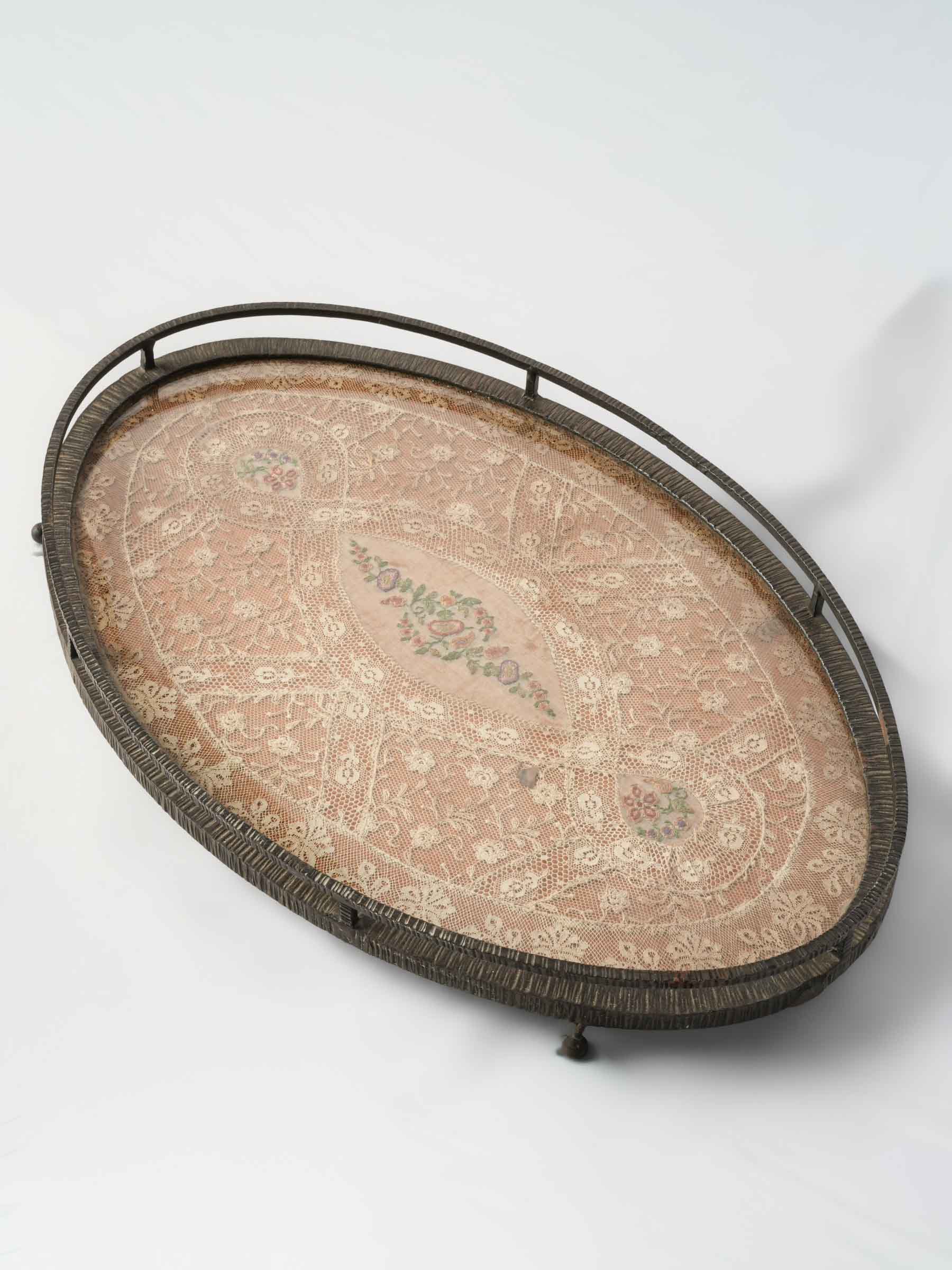 French 1940s Wrought Iron Tray w/ Antique Lace Under Glass