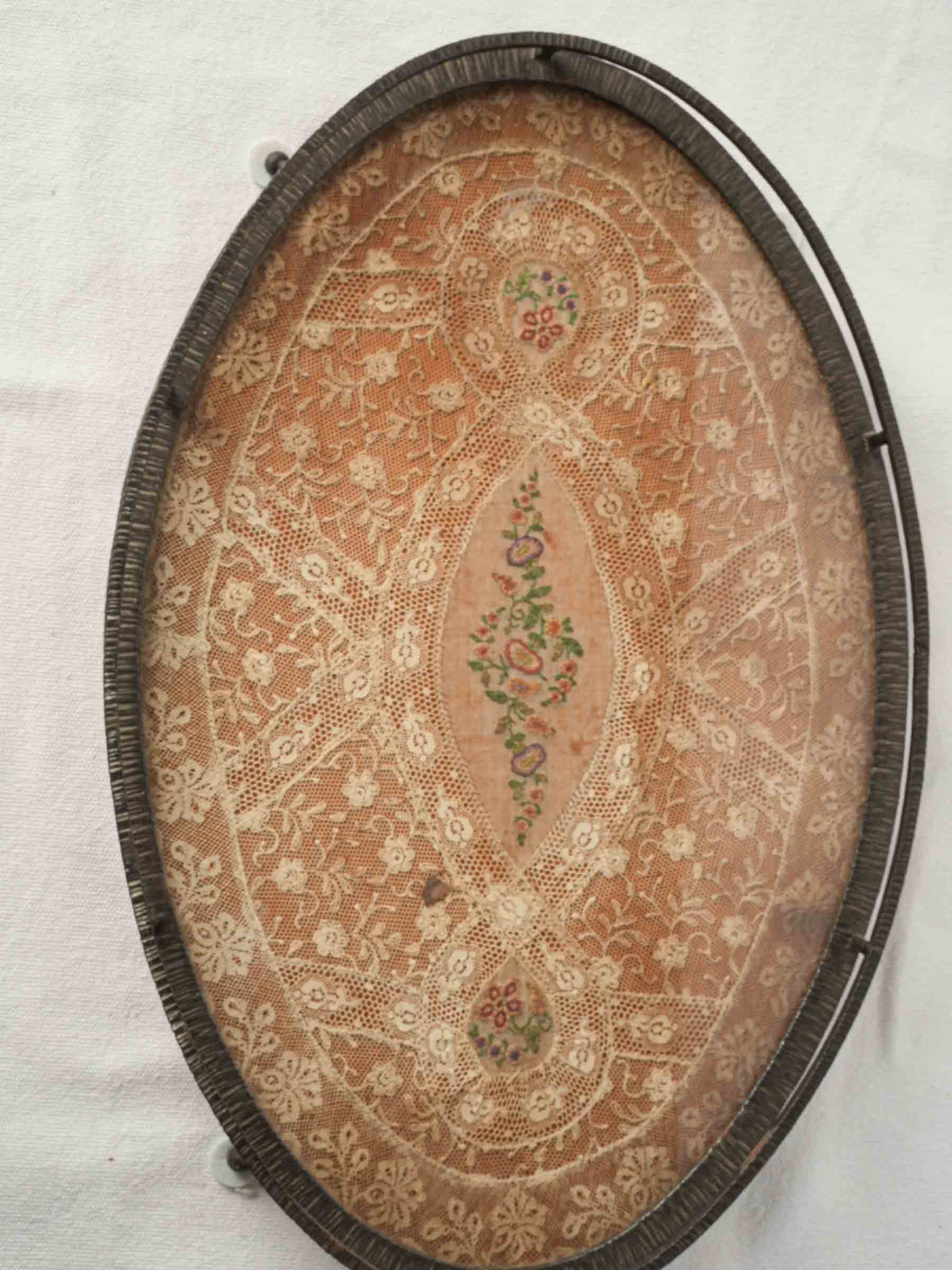 French 1940s Wrought Iron Tray w/ Antique Lace Under Glass