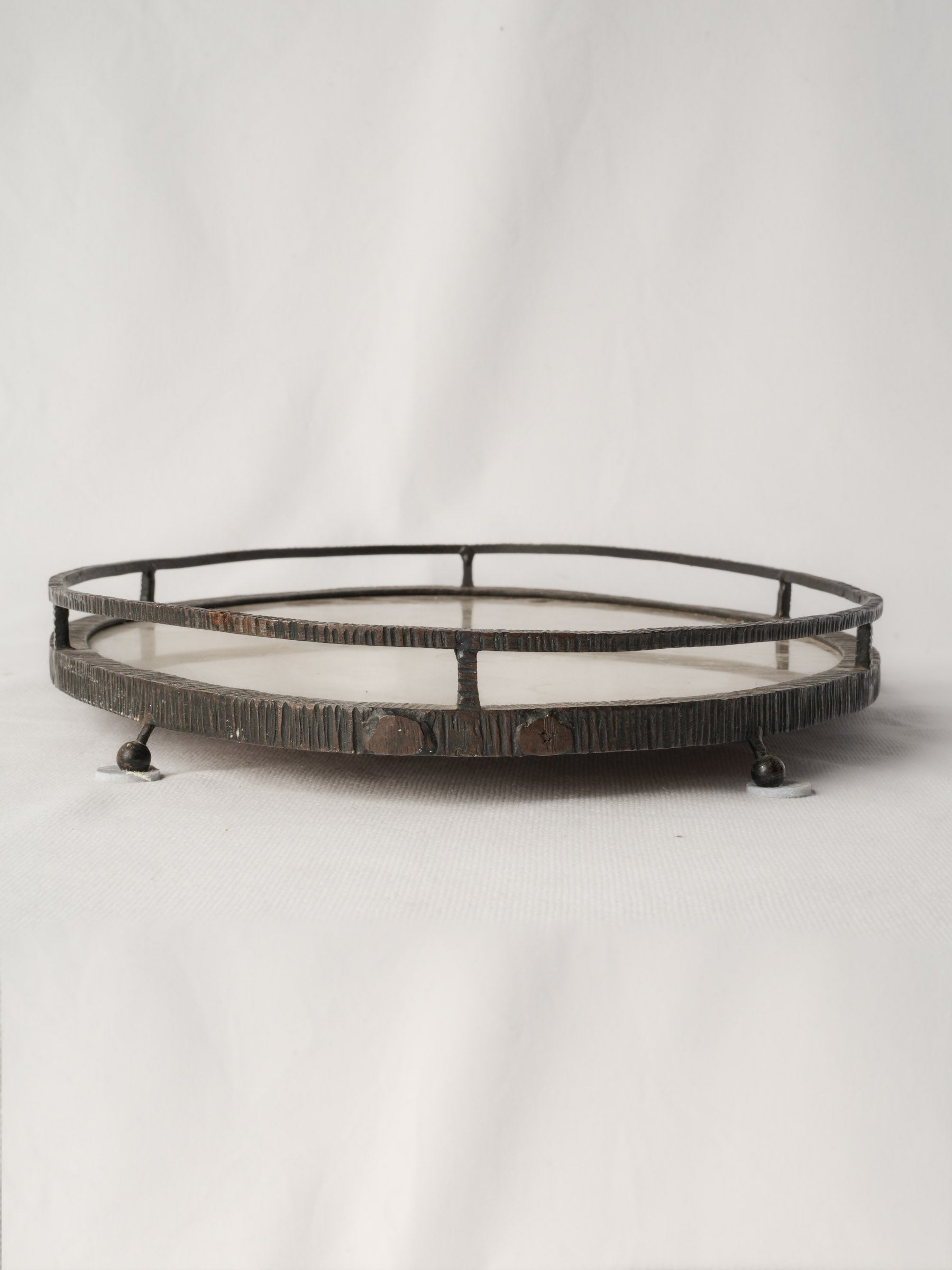 French 1940s Wrought Iron Tray w/ Antique Lace Under Glass