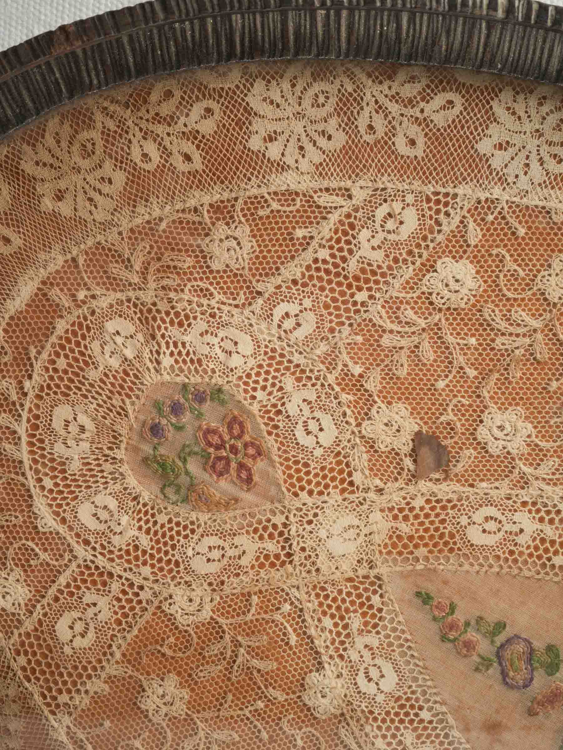 French 1940s Wrought Iron Tray w/ Antique Lace Under Glass