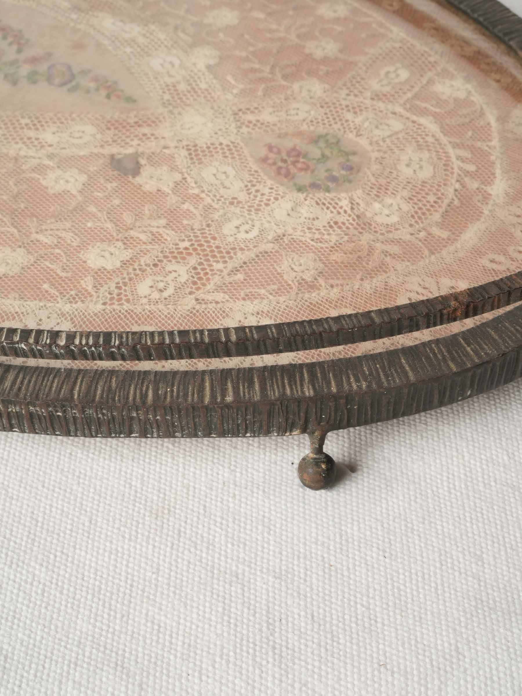 French 1940s Wrought Iron Tray w/ Antique Lace Under Glass