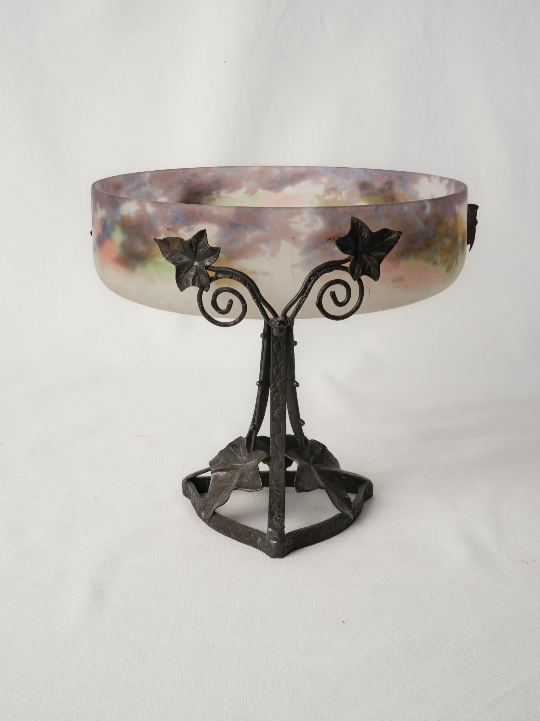 French Frosted Art Glass Coupe on Wrought Iron Stand, Circa 1920 - 9½"