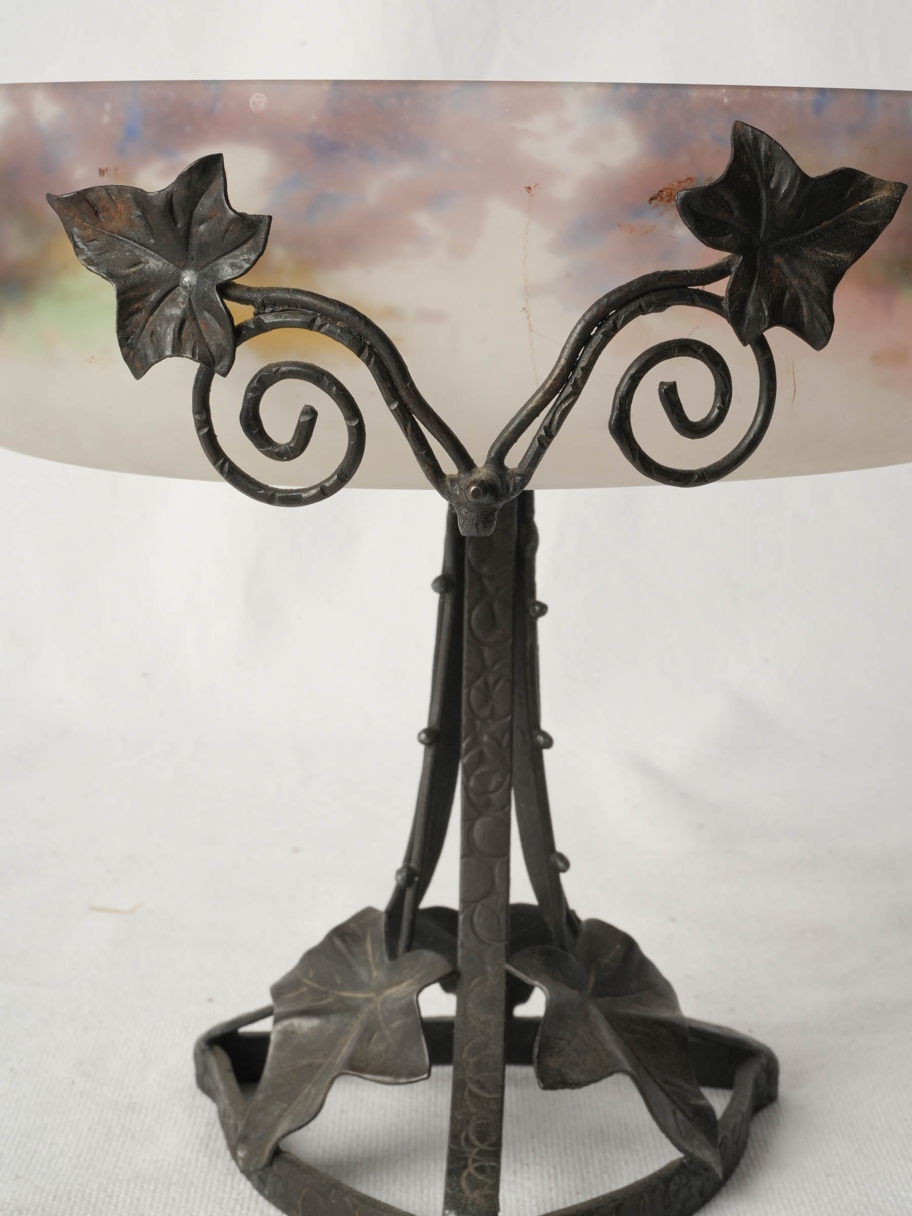 French Frosted Art Glass Coupe on Wrought Iron Stand, Circa 1920 - 9½"