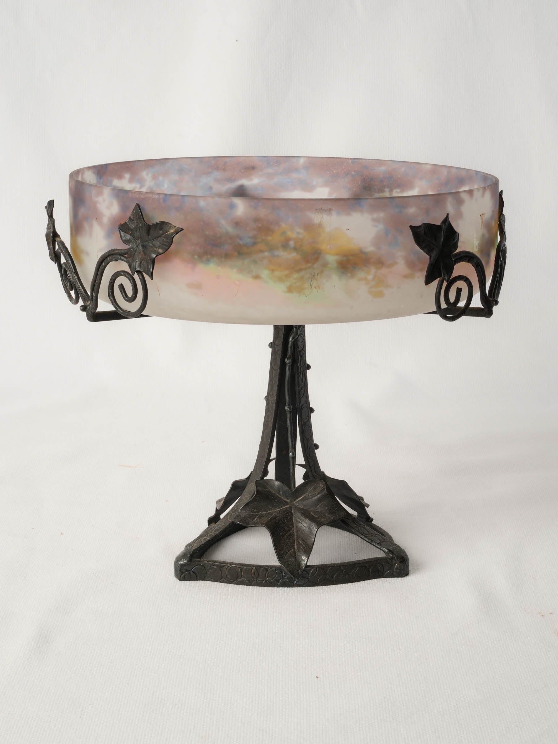 French Frosted Art Glass Coupe on Wrought Iron Stand, Circa 1920 - 9½"